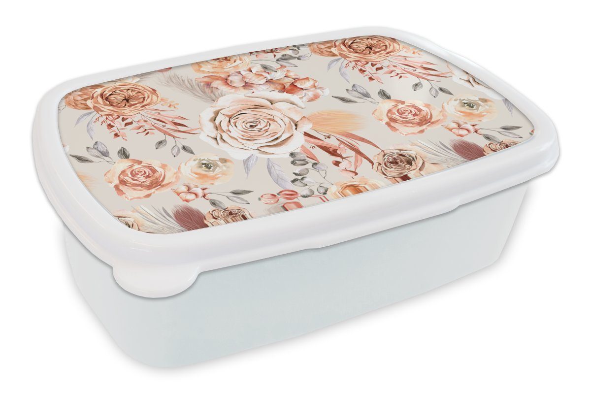 MuchoWow Lunchbox Rosen - Blumen - Muster, Kunststoff, (2-tlg), Brotbox für Kinder und Erwachsene, Brotdose, für Jungs und Mädchen weiß