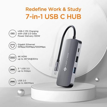 NOVOO »7-Anschlüsse« USB-Adapter USB-C zu HDMI, USB-C Power Delivery, 3xUSB 3.0, USB 2.0 Mini-B, RJ45