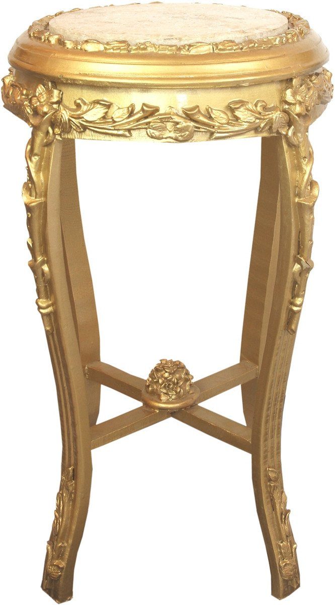 Casa Padrino Beistelltisch Barock Beistelltisch mit Marmorplatte Gold / Creme Ø 45 x H. 71,5 cm - Runder handgeschnitzter Antik Stil Telefontisch Blumentisch mit wunderschönen Verzierungen