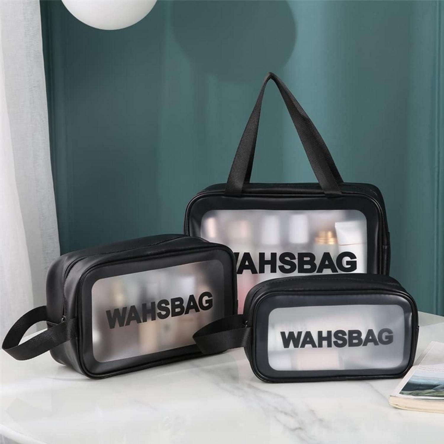 LuxusKollektion Kosmetiktasche Kosmetiktasche Transparent 3er Set Wasserdicht Schwarz