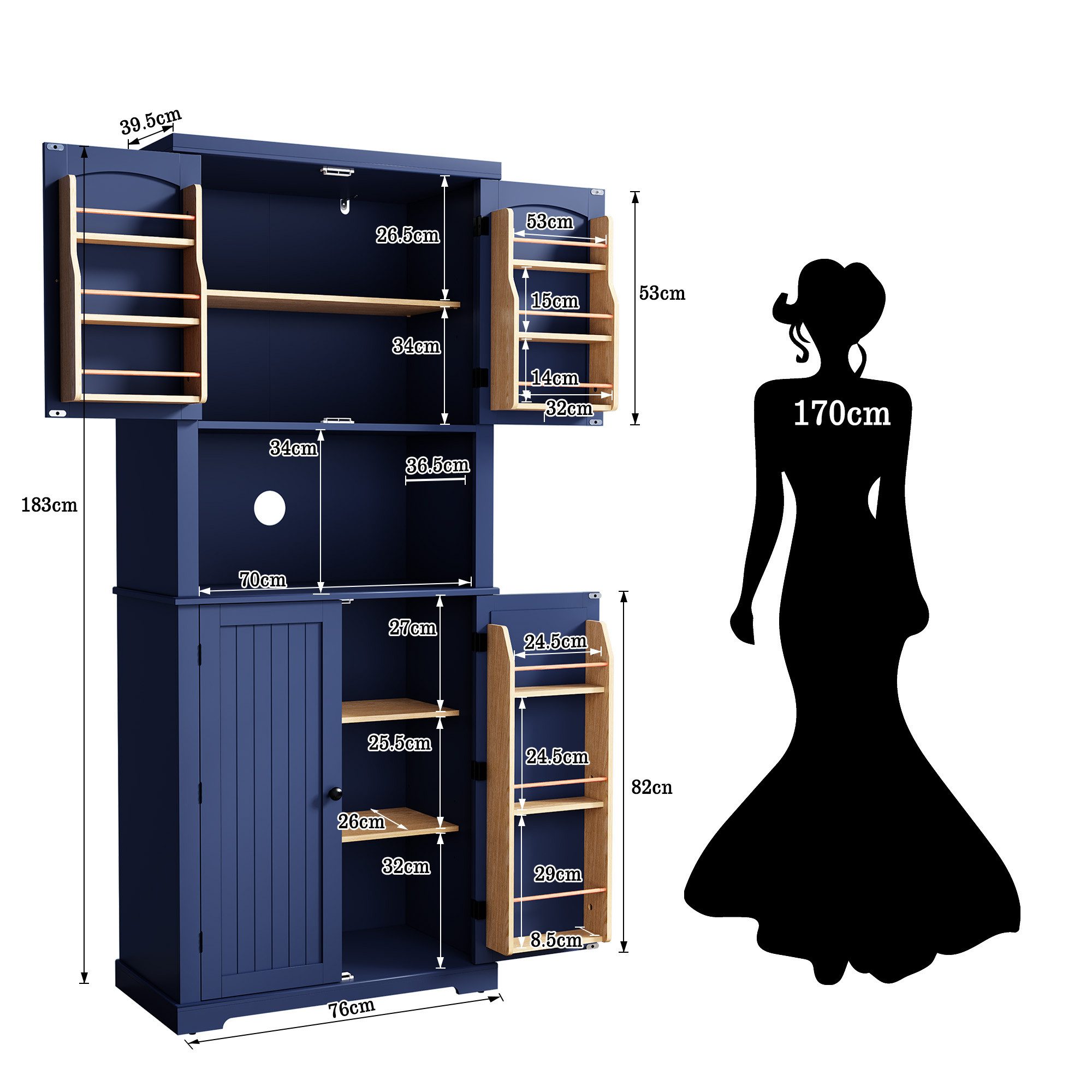 HOLTICO Hochschrank Küchenschrank mit Arbeitsplatte, Buffetschrank, Esszimmerschrank (1-St) Speisekammer mit 4 Türen und Regalen, 183cm
