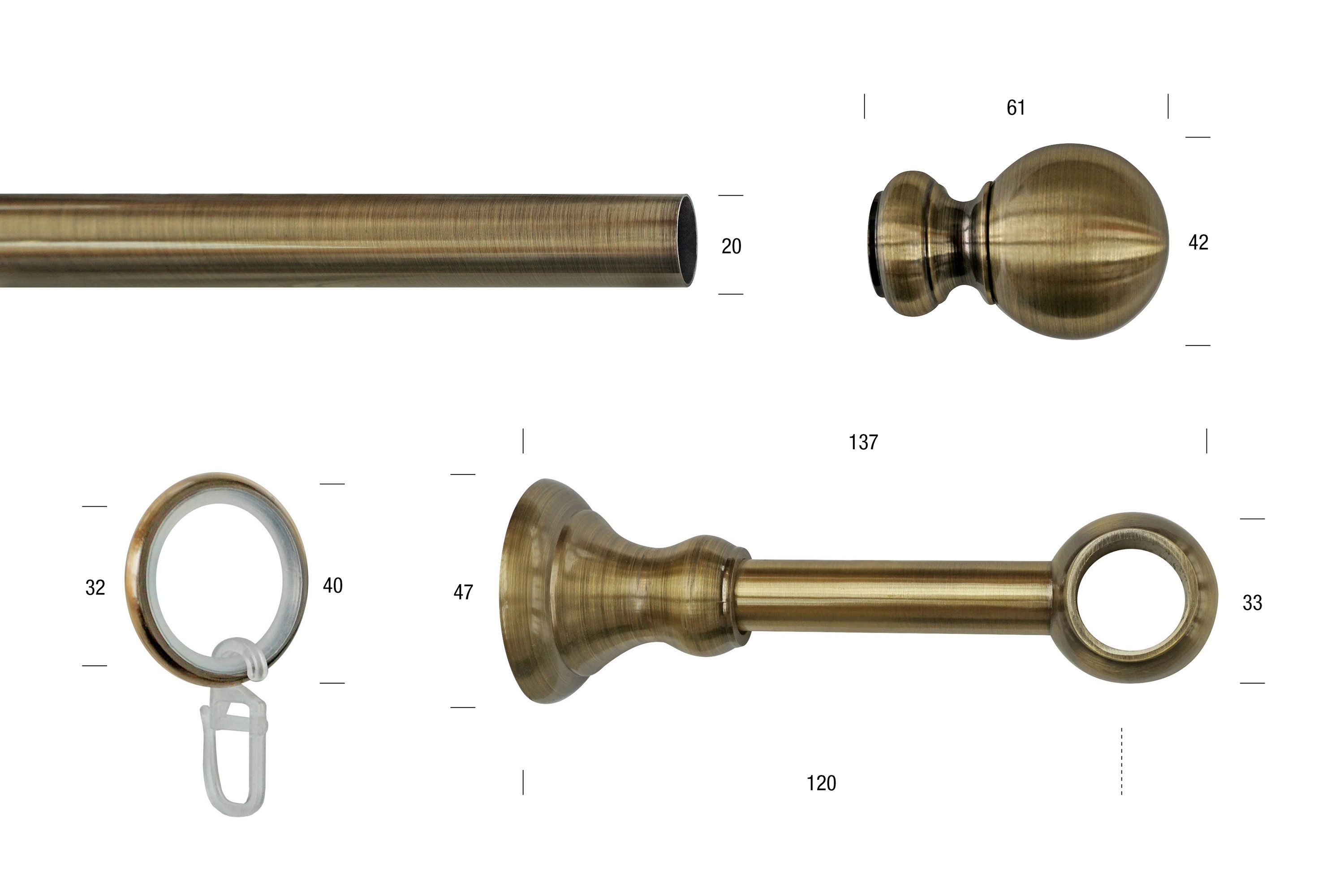GARESA Gardinenstange ANDREA, Ø 20 mm, 1-läufig, Wunschmaßlänge, verschraubt, Metall, Vorhanggarnitur, verlängerbar, Endknopf Kugel lang, mit Ringen