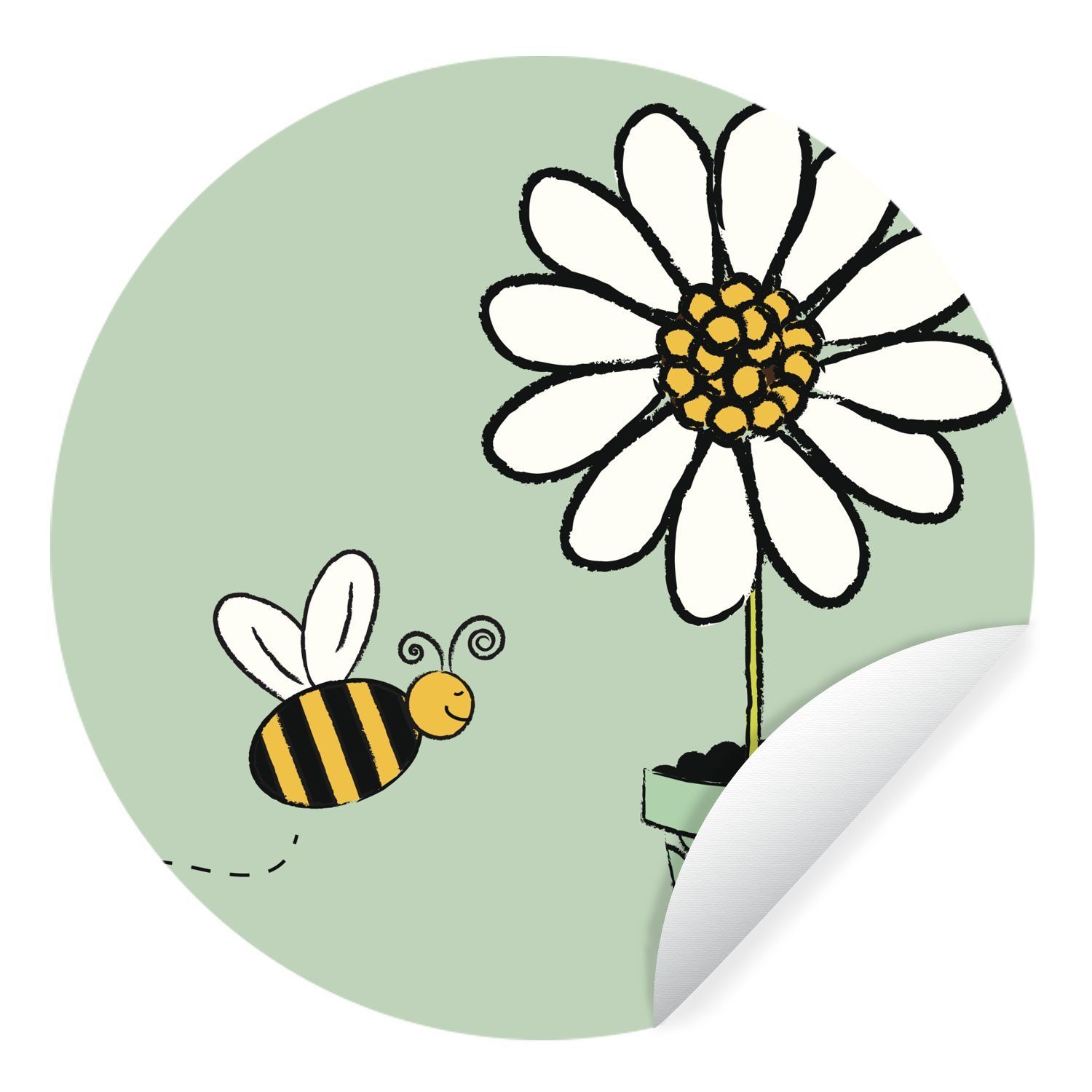 MuchoWow Wandsticker Illustration einer Biene, die auf eine weiße Blume zufliegt (1 St), Tapetenkreis für Kinderzimmer, Tapetenaufkleber, Rund, Wohnzimmer