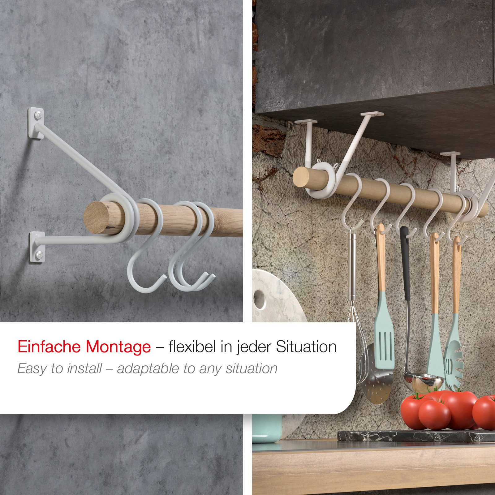 SO-TECH® Garderobe Rundstabhalterung 120 x 150 x 20 mm für Stangen bis Ø 30 mm (1 St), Weiß Satin pulverlackiert, für Garderobe & Küchenreling