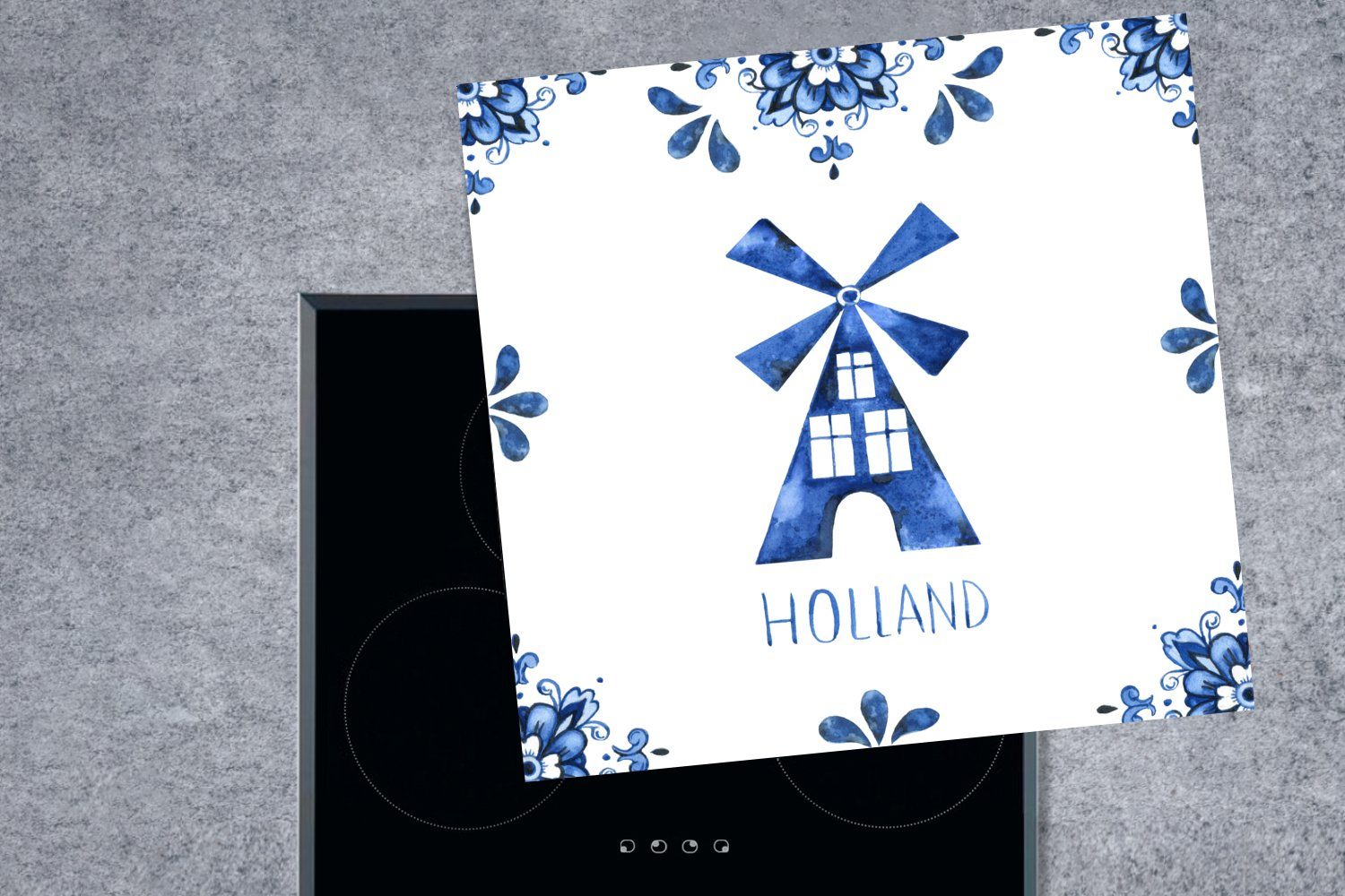 - Holland Ceranfeldabdeckung, (1 78x78 tlg), küche für - cm, MuchoWow Blau Vinyl, Arbeitsplatte Herdblende-/Abdeckplatte Windmühle, Delfter