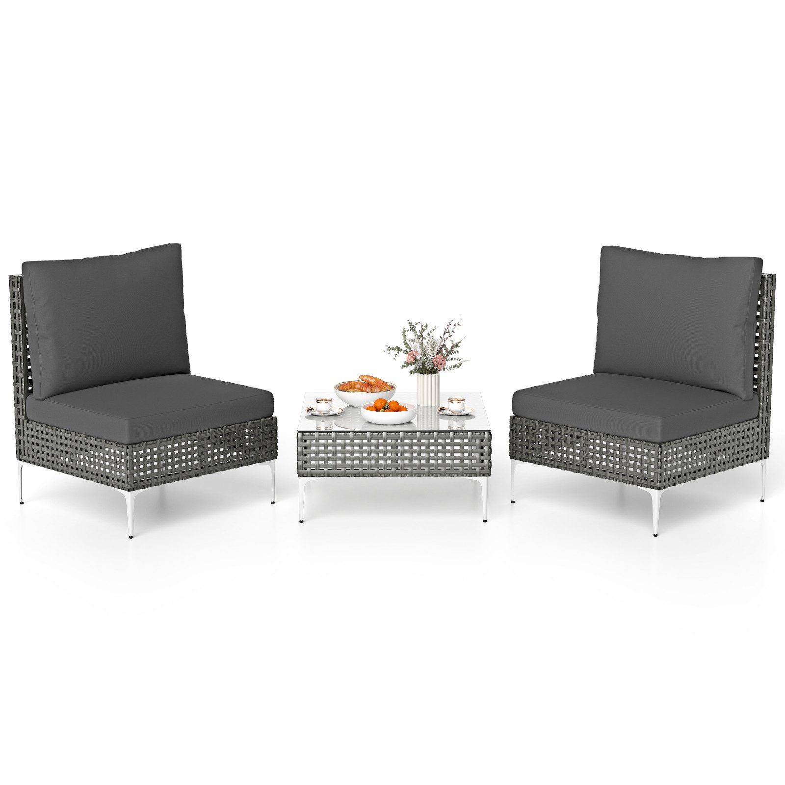 COSTWAY Balkonset, 3tlg. Gartenmöbel-Set, PE-Rattan Bistroset mit Kissen