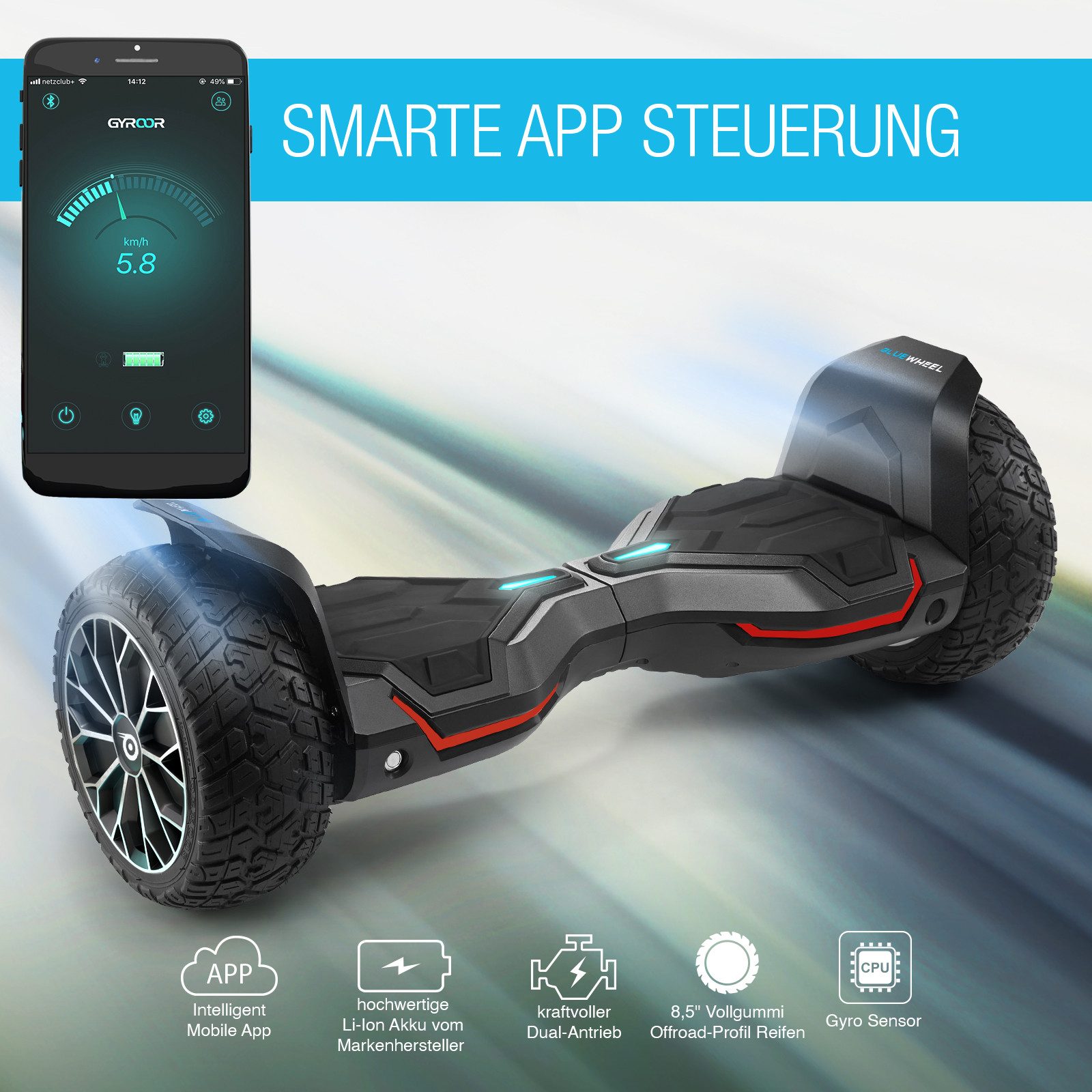 Bluewheel Electromobility Balance Scooter HX510, 15 km/h, 8.5" Vollgummireifen, LED-Scheinwerfer