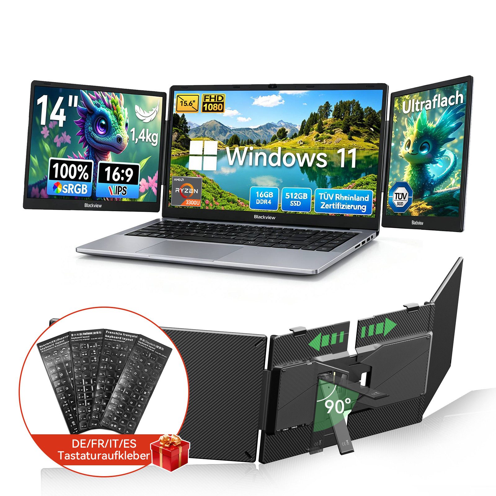 blackview 15,6" Acebook6 AMD Ryzen Laptop 16GB RAM 512GB SSD Win 11 Notebook (Radeon Ryzen 3300U AMD Ryzen 3300U, 16 GB, 512 GB SSD, 180° Drehung/Deutsche Tastaturaufkleber/Low Blue Light-Zertifizierung)