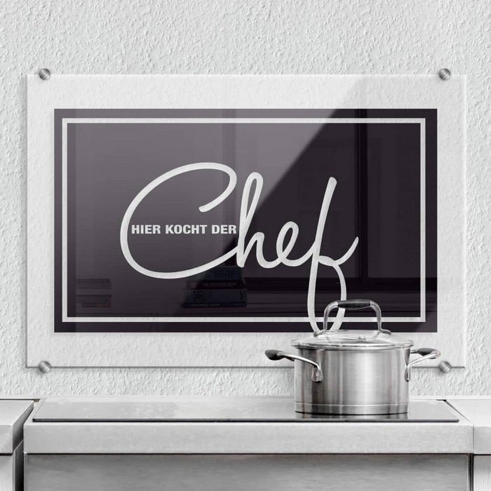 K&L Wall Art Gemälde Wandschutz Bild Glas Spritzschutz Küche Schriftzug Hier kocht Chefkoch Küchenrückwand montagefertig