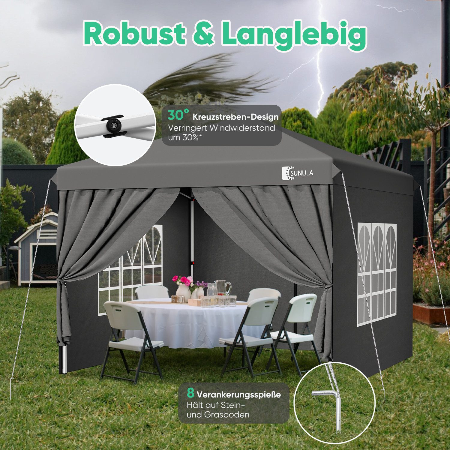 SUNULA Faltpavillon 3x3 m Gartenpavillon mit 4 seitenteilen wasserdicht, mit 4 Seitenteilen, (inkl. 4 Seitenteile), Wasserdicht Faltpavillon, Winterfest Pavillo – Bild 5 von 5