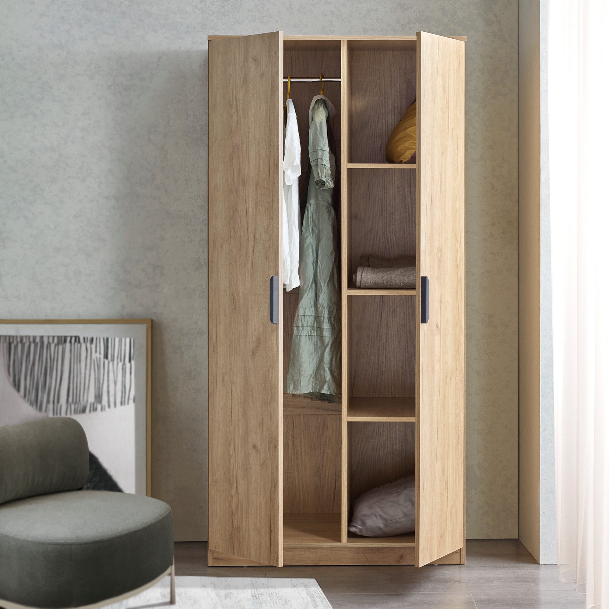en.casa Kleiderschrank »Eiselfing« 2 Türen, 1 Stange, 4 Fächer 176x80x52 cm Eiche