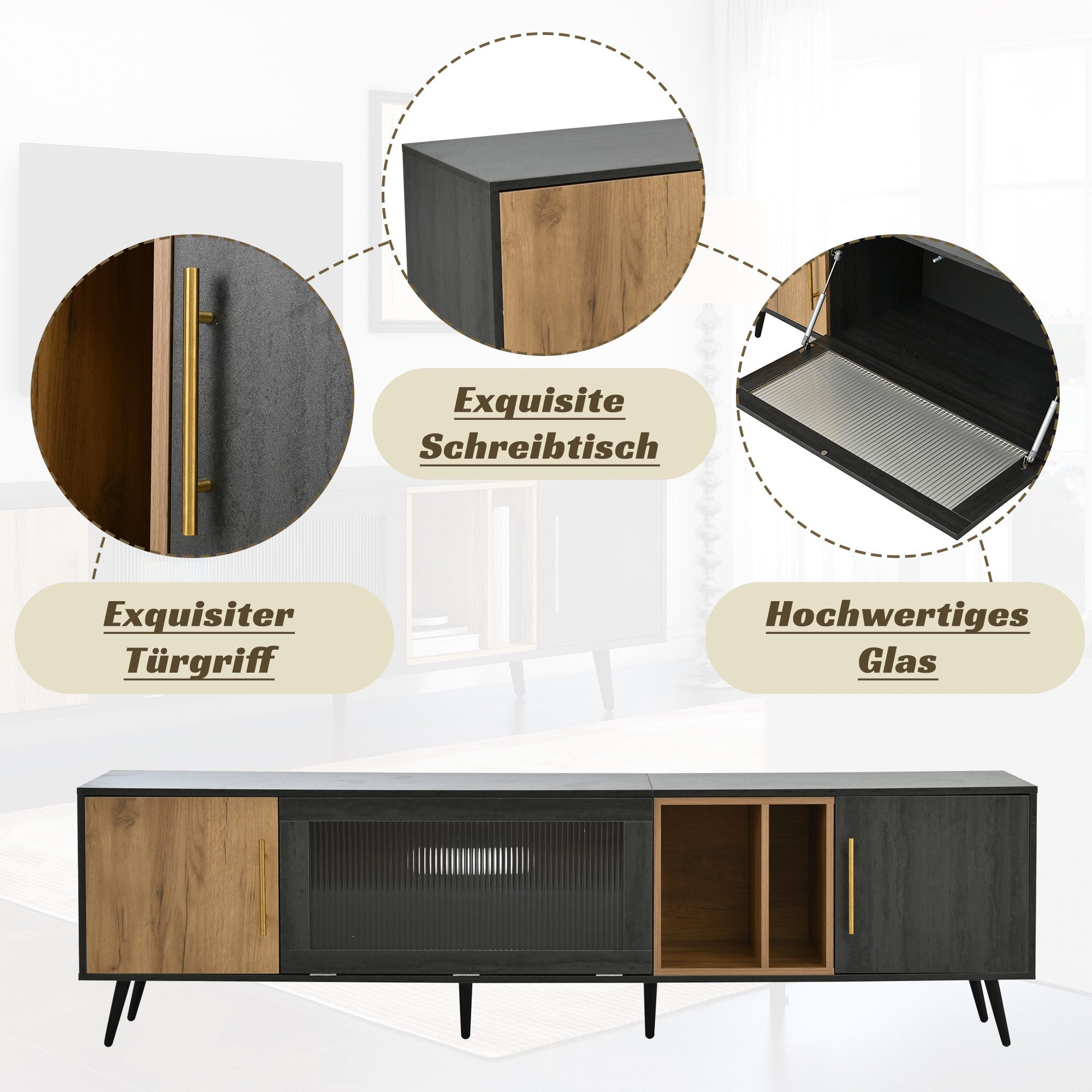 Merax Lowboard Fernsehschrank in Grau-Holzoptik & Dunkelholz (200 x 40 x 55,5 cm, 1 St), TV-Schrank mit Glastür, 3 Schranktüren, offenem Fach & Kabelmanagement