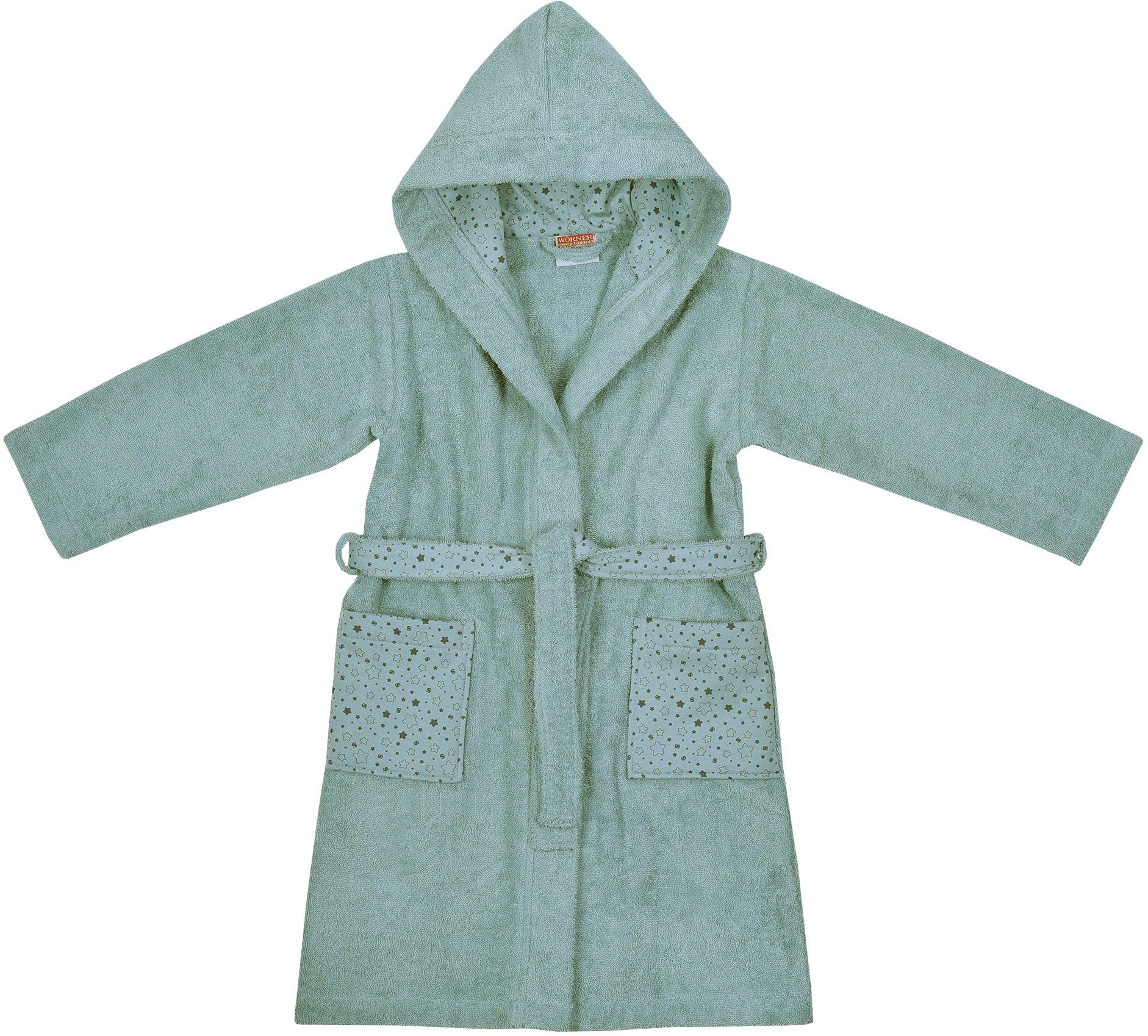 Wörner Kinderbademantel Sterne, Langform, Baumwoll-Webfrottier, Kapuze, Gürtel, mit Stickerei, mit Taschen, maschinenwaschbar, trocknergeeignet