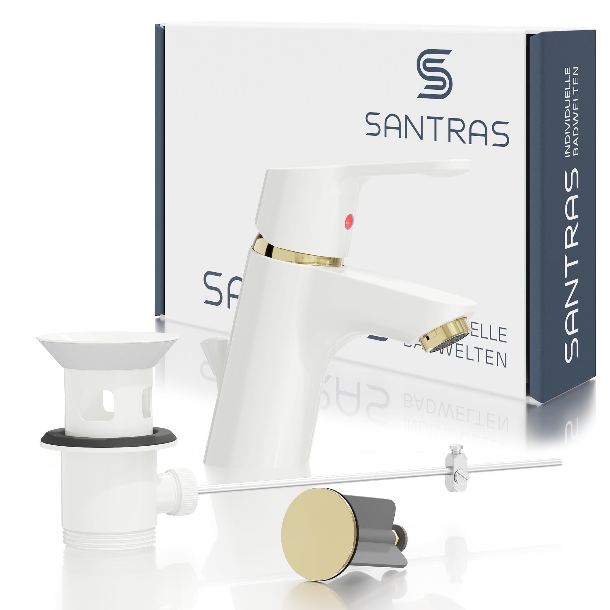 Santras Waschtischarmatur mit Zugstange und Ablaufgarnitur in Weiß / Gold