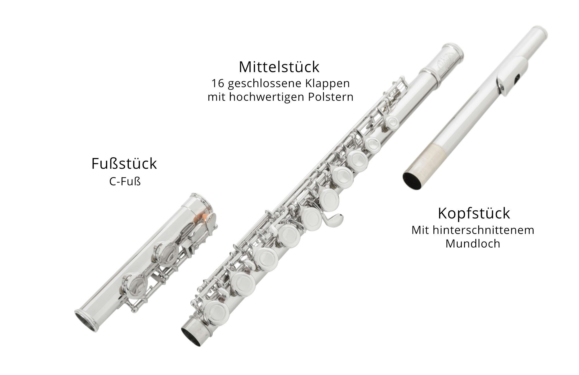 Classic Cantabile Querflöte FL-100 Querflöte komplett aus vernickeltem Neusilber C, Geschlossene Klappen, leichtgängige E-Mechanik