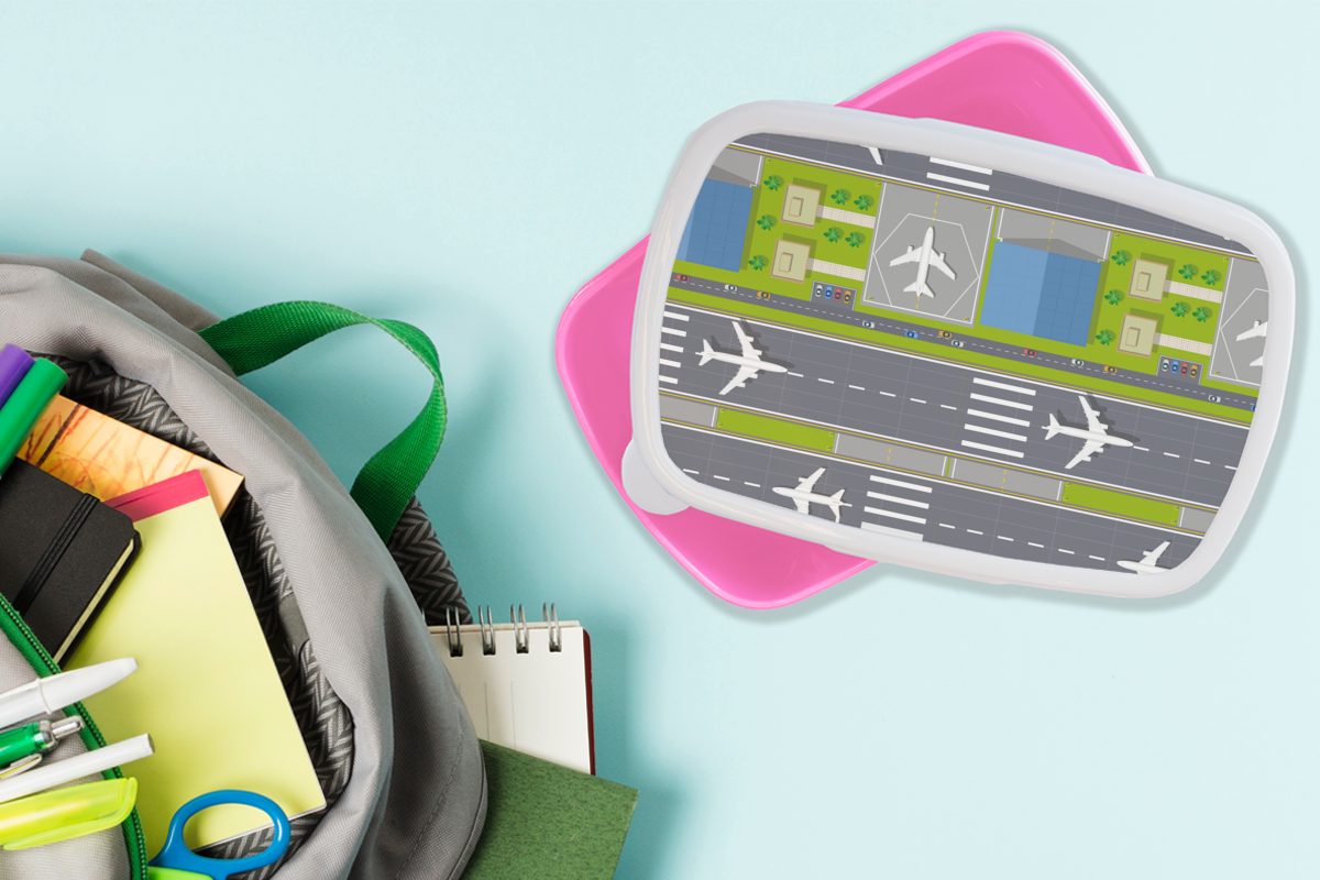 MuchoWow Lunchbox (2-tlg), Brotbox Brotdose - für Kinder, - Flugzeug, rosa Kunststoff Mädchen, Flughafen Erwachsene, Snackbox, Design Kunststoff