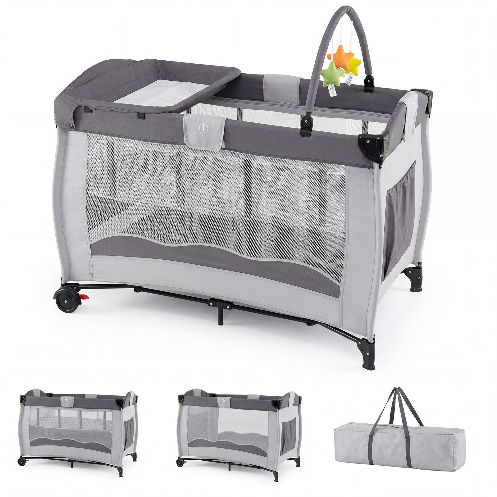 COSTWAY Baby-Reisebett 4 in 1 Beistellbett, Reisebett, Babybett mit Matratze, Wickeltisch