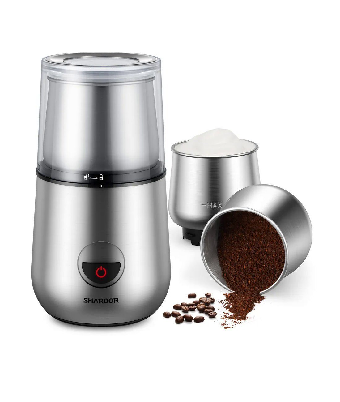 Shardor Kaffeemühle SP7433 Elektrische Kaffeemühle, 150 Watt, 150 W, Milchaufschäumer, Mahlen von Kaffeebohnen o.ä., Start per Knopfdruck mit Mahl- und Aufschäumfunktion
