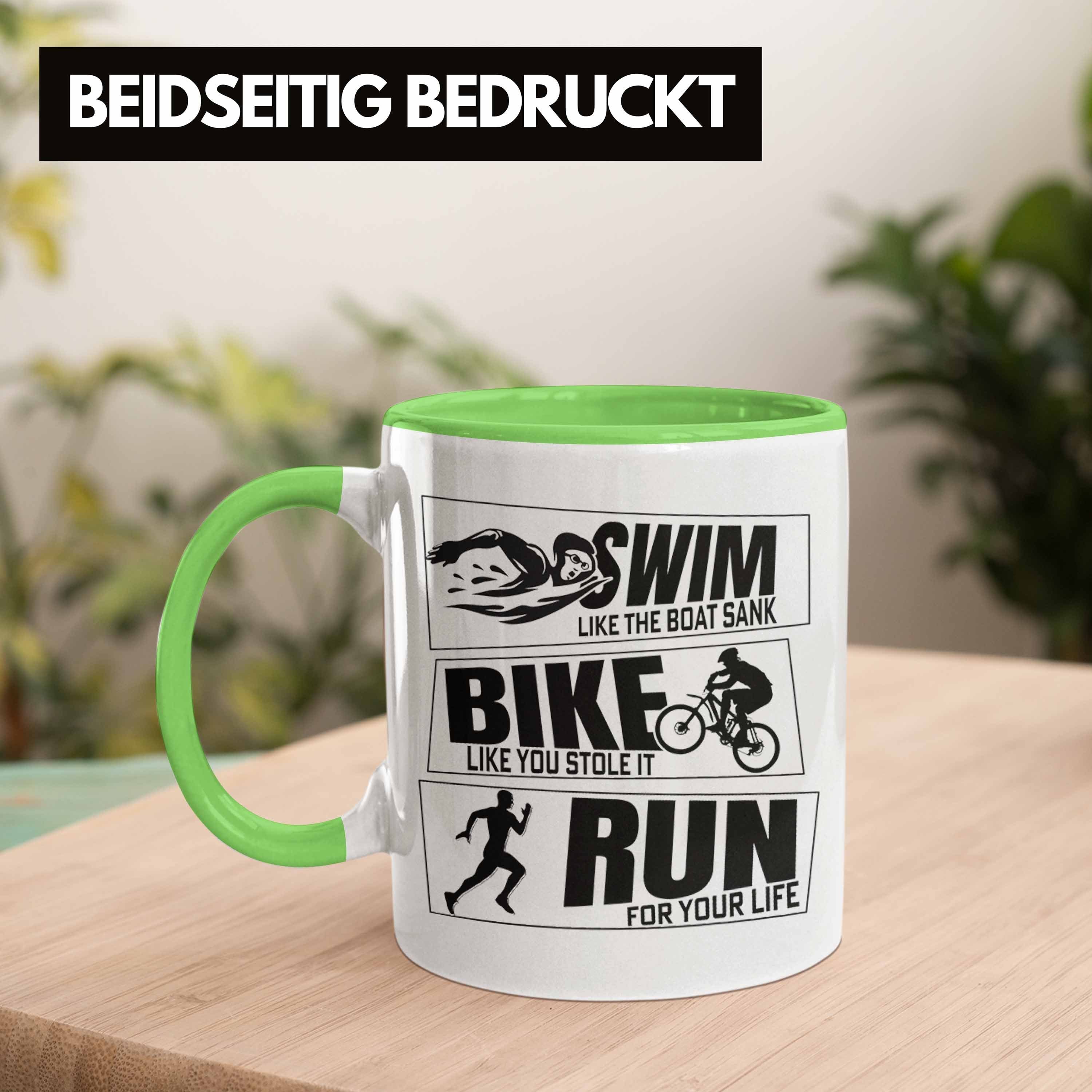 Trendation Tasse Triathlon Tasse Geschenk Spruch Geschenkidee Run Grün Swim Sportl für Bike