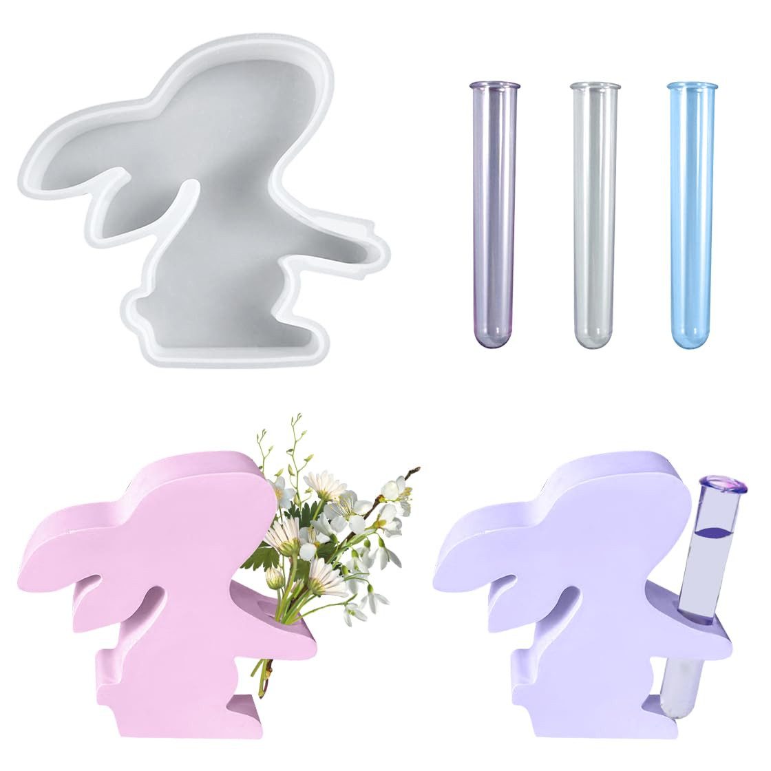 FOUORTUNATE-BEE Modellierwerkzeug Hasen Silikonform Vase mit 3 Reagenzgläsern – Resin Gießform, Oster Hasenharzform für Blumen, Zweige & kreative Deko