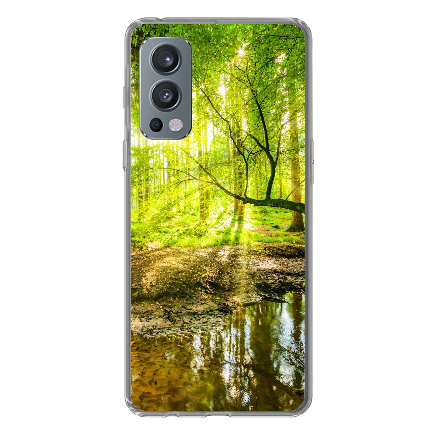 MuchoWow Handyhülle für OnePlus Nord 2 5G Wald - Landschaft - Wasser - Bäume - Sonne - Grü, Phone Case, Silikon, Schutzhülle Dünn