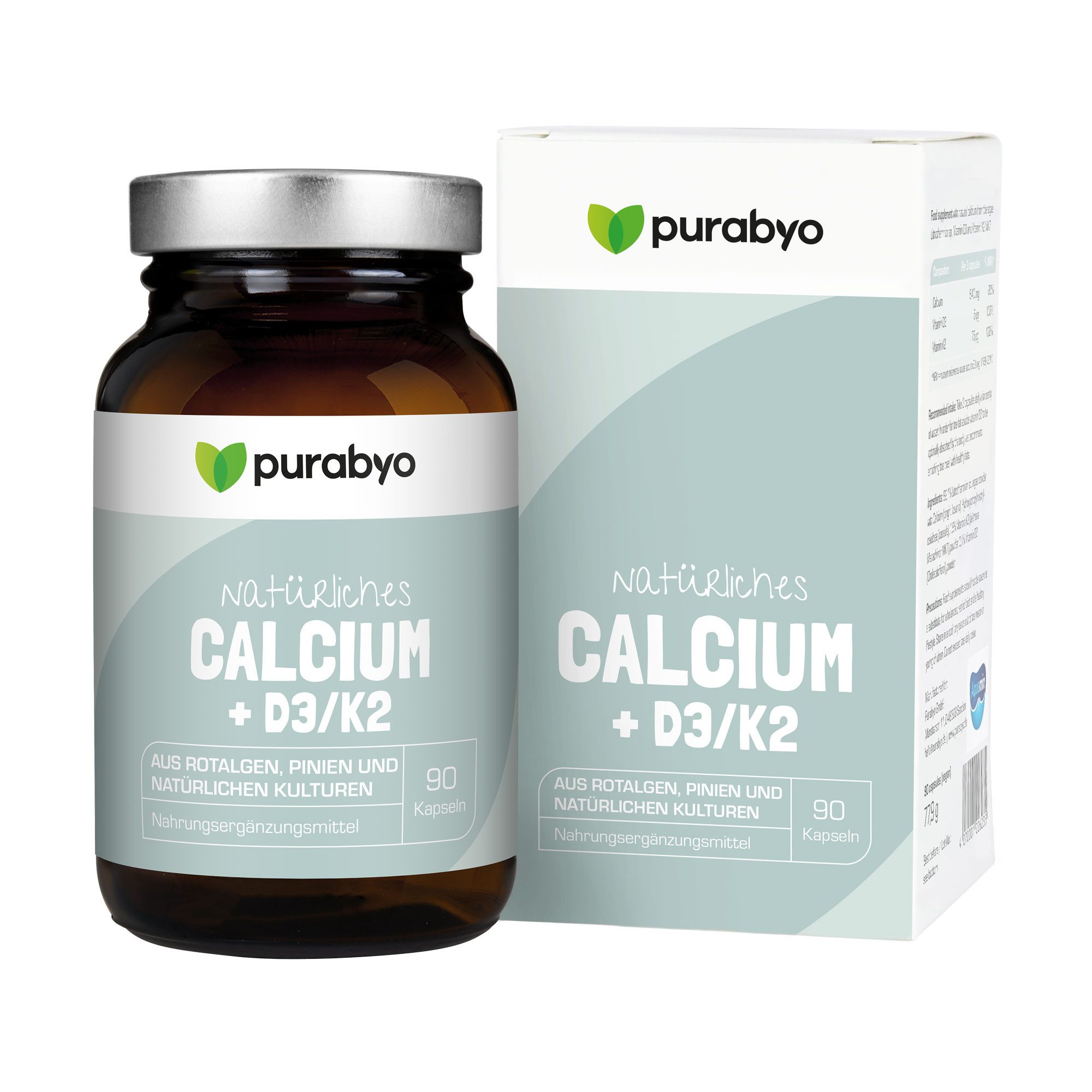Purabyo Natürliches Calcium + Vitamin D3/K2, europäische Rotalgen, im Glas Kapseln, 1 er 90 St., 78 g