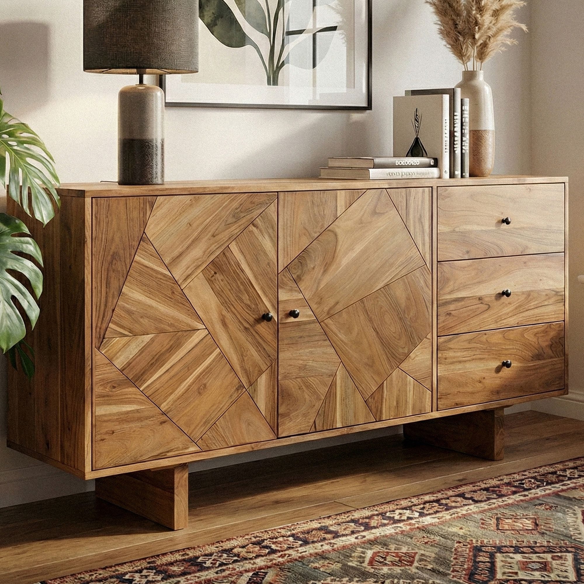 FINEBUY Sideboard FB113645 Sideboard Akazie Massivholz 150cm Massive Kommode Echtholz (Geometrische Front aus massivem Akazienholz), Viel Stauraum für Wohn- und Essbereich