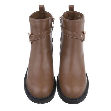 Ital-Design Damen Freizeit Stiefelette Blockabsatz Flache Stiefeletten in Hellbraun