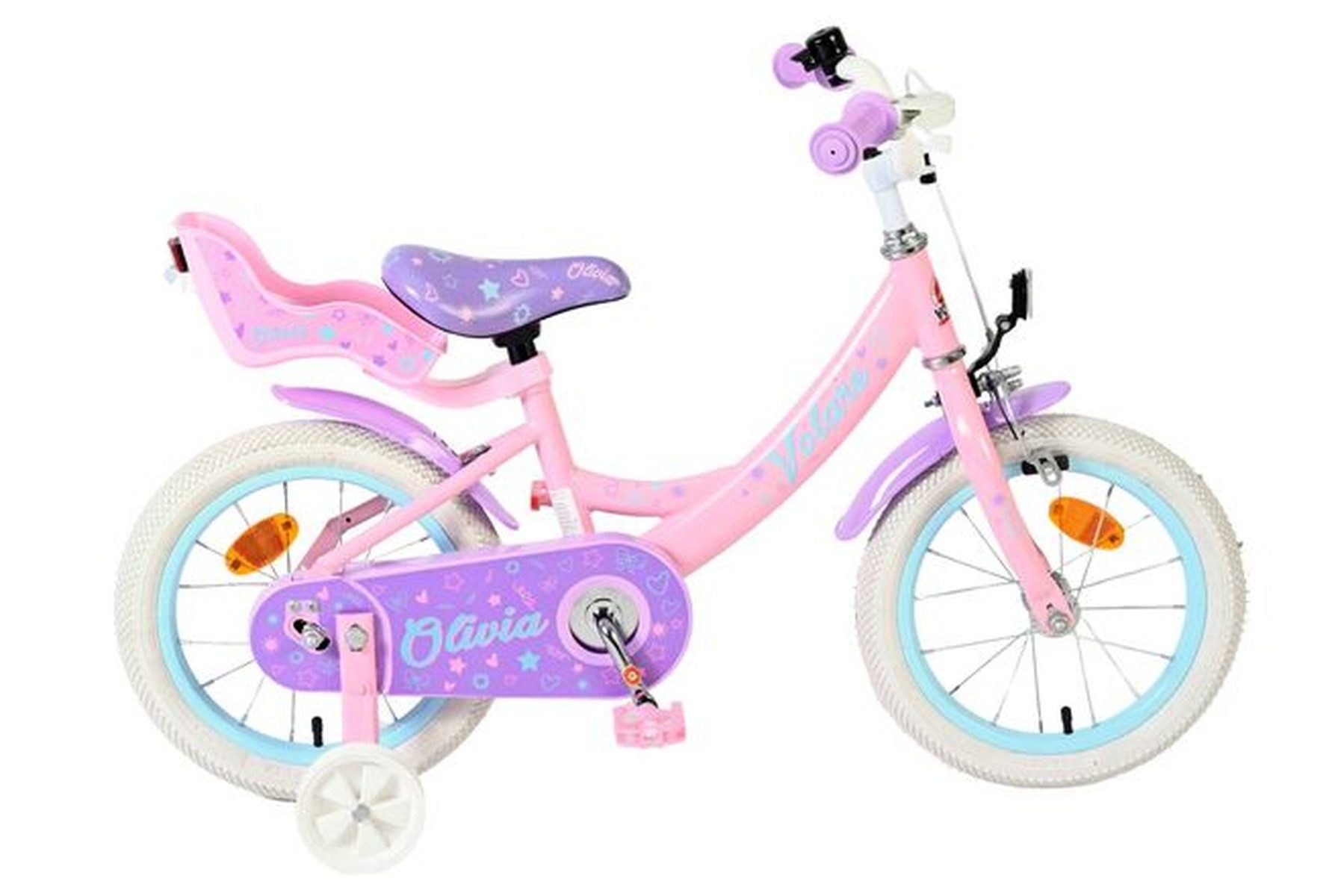 Volare Kinderfahrrad Olivia 14 Zoll Mädchen Rosa – Rücktrittbremse, Puppensitz, Stützräder, Geschlossener Kettenschutz, Luftreifen, Altersempfehlung 3