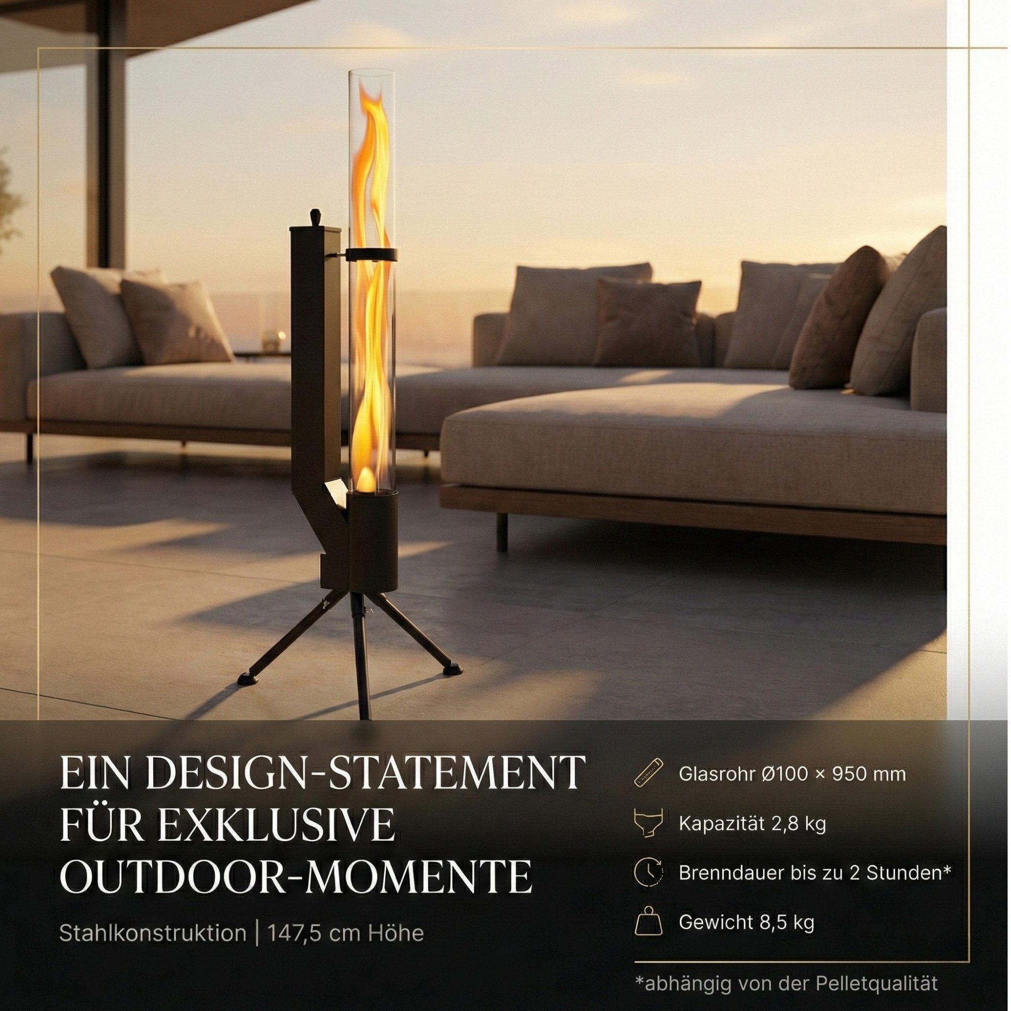 Albatros International Gartenkamin Pelletfackel Schwarz mit Glasrohr Rocket Stove Outdoor, (inkl. Glasrohr und Standfuß), Rocket Stove System lange Brenndauer bis zu 120 Minuten