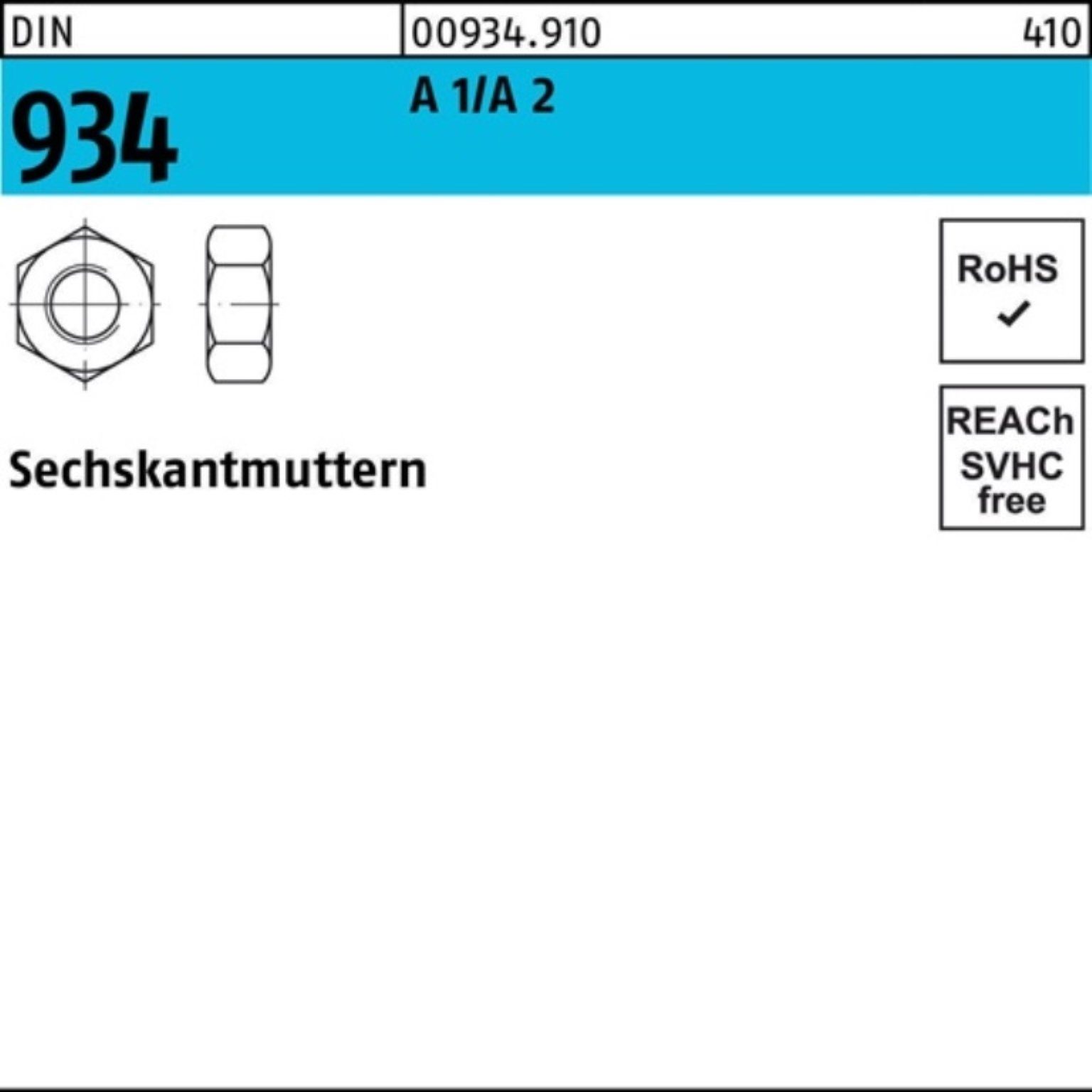 Reyher Muttern 100er Pack Sechskantmutter DIN 934 M2,6 A1/A2 100 Stück DIN 934 A 1/A