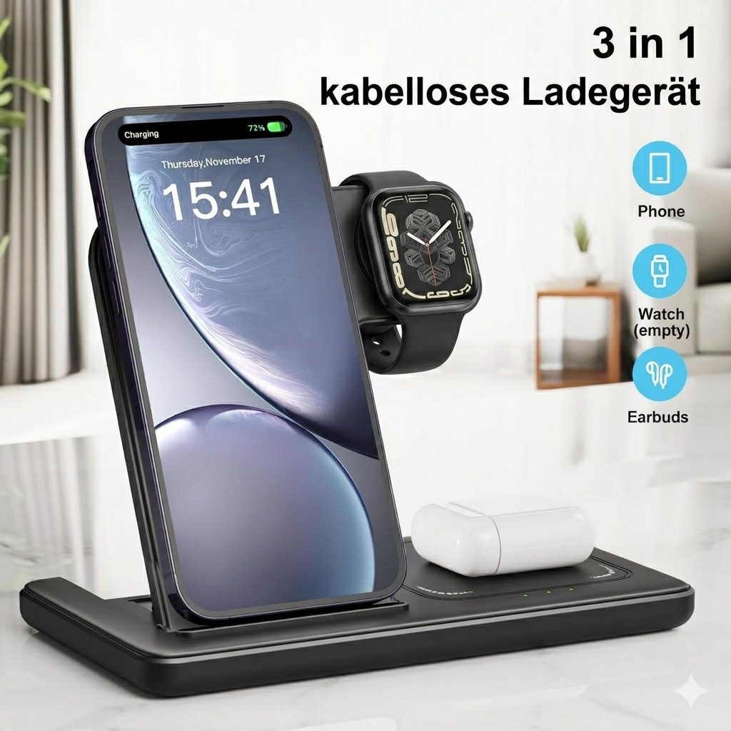 LaCute 3 in 1 Wireless Charger für iPhone Apple Watch und AirPods Dock Wireless Charger (3000 mA, Magnetische 3 in 1 Ladestation für iPhone Apple Watch AirPods Dock, 3 in 1 Wireless Charger Induktionsladestation mit 20W Netzteil Set, MagSafe kompatibel Schnellladestation mit Ladestatusanzeige schwarz)