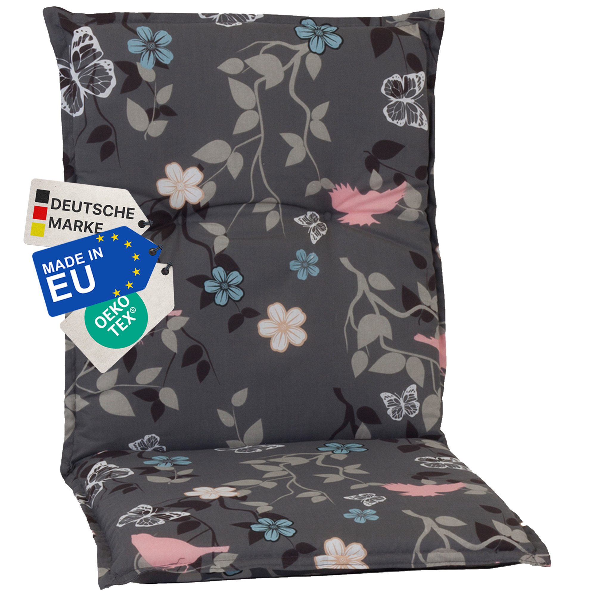 NYVI Sitzauflage Niedriglehner Auflage Barcelona Gartenstuhlauflagen 100x50cm, (1 St), Niederlehner Stuhlauflage Sitzauflage mit Halteband Blumen Floral