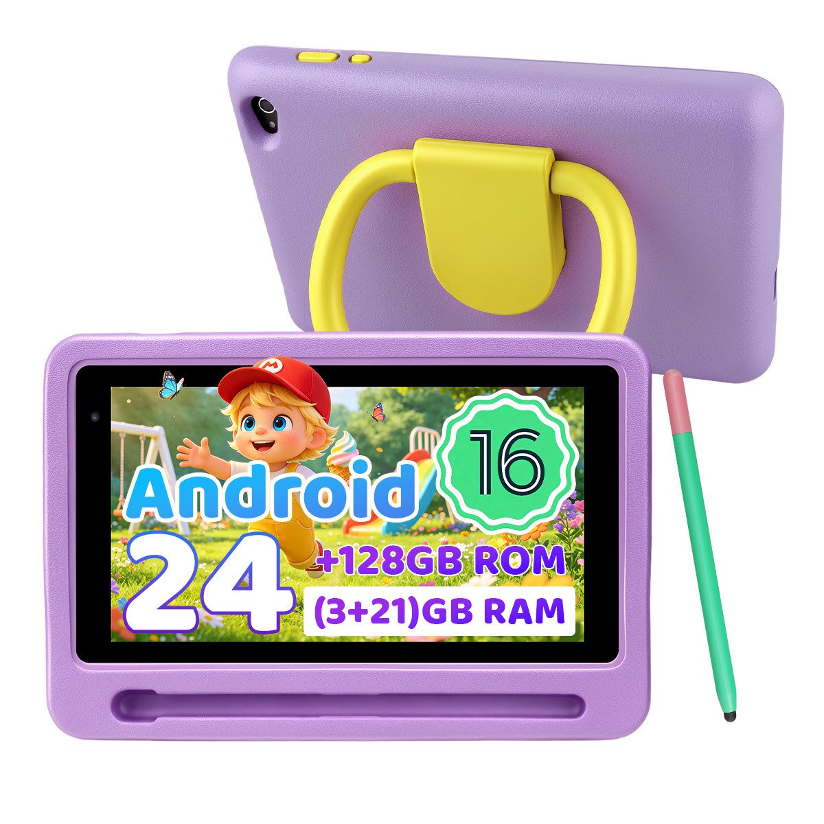 Happybe 7 Zoll, Android 16, 24(3+21)GB+128GB+1TB erweiterbar, WiFi 6, Kinder (7", 128 GB, Android)