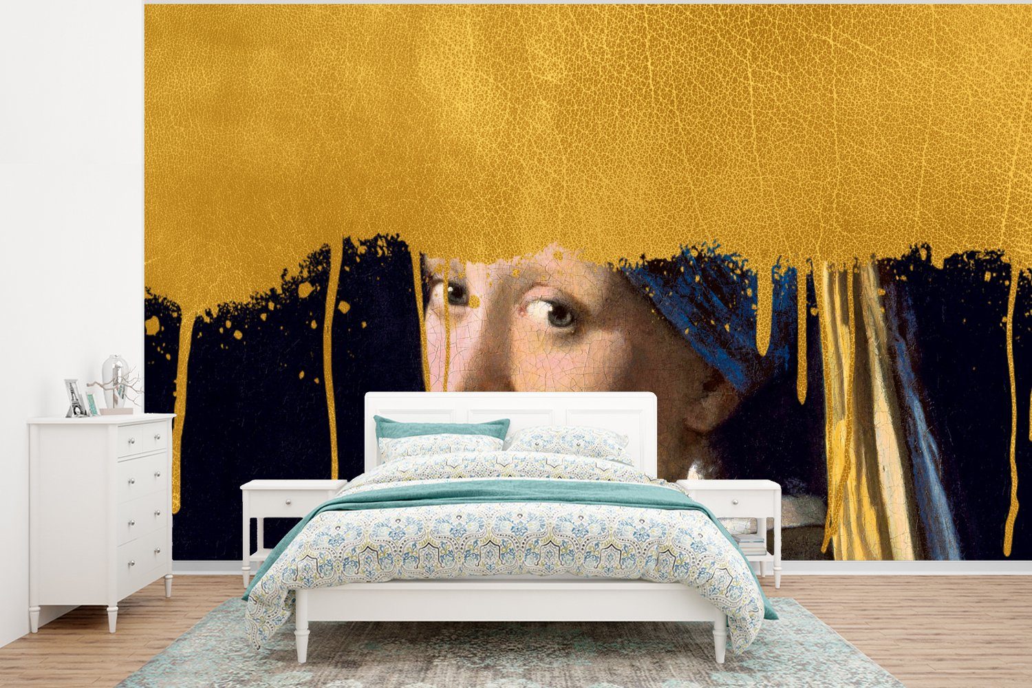 MuchoWow Fototapete Vermeer - Mädchen mit Perlenohrring - Gold, Matt, bedruckt, (6 St), Wallpaper für Wohnzimmer, Schlafzimmer, Kinderzimmer, Vinyl Tapete