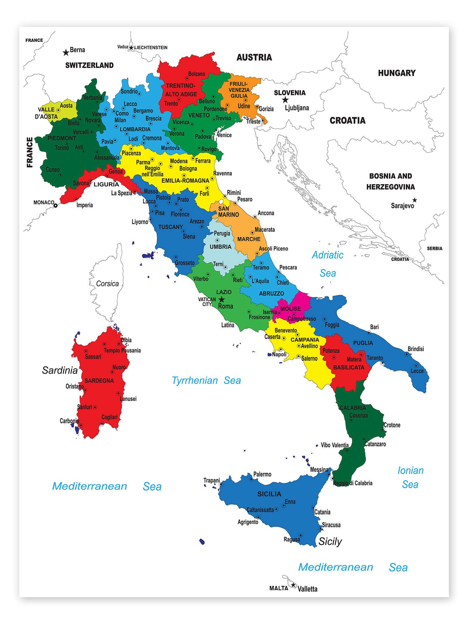 Posterlounge Wandbild Italien - Politische Karte (Englisch), Editors Choice, erhältlich als Poster, Leinwandbild, Wandsticker oder Acrylglasbild
