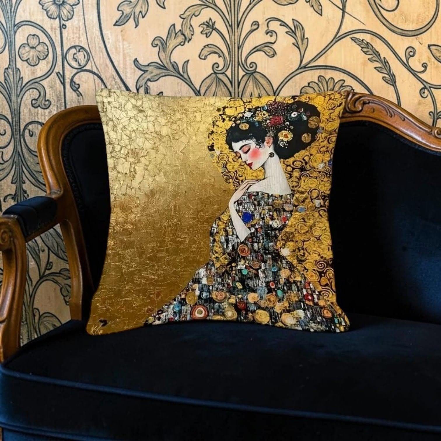 Dark-Desires Dekokissen Dekokissen Golden Lady Klimt 45x45 cm – Jugendstil Portrait vintage, Dekokissen Golden Lady Klimt 45x45 cm – Jugendstil Portrait vintage