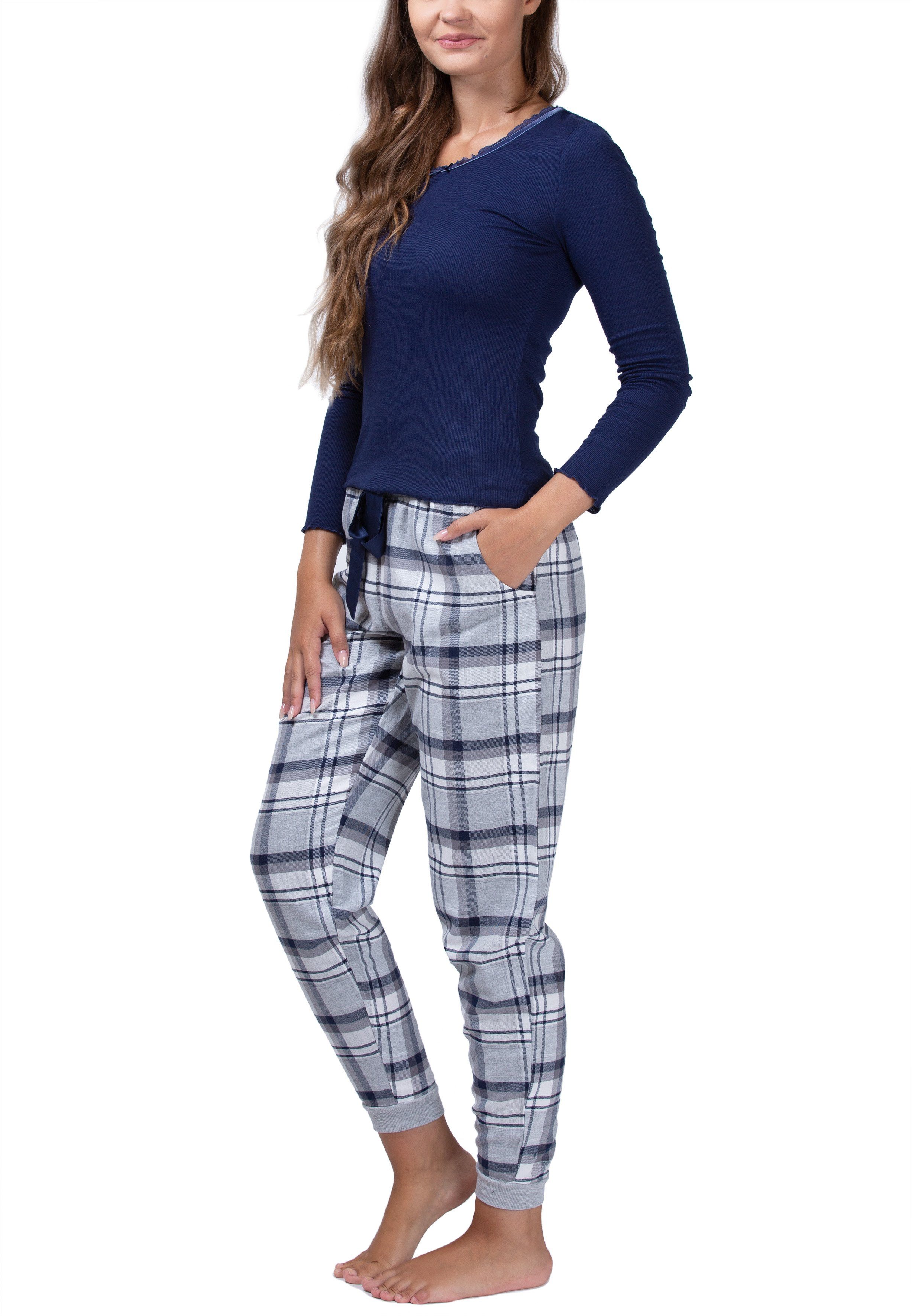 maluuna Damen Flanellhose navy mit Schlafanzug Bündchen Pyjama und