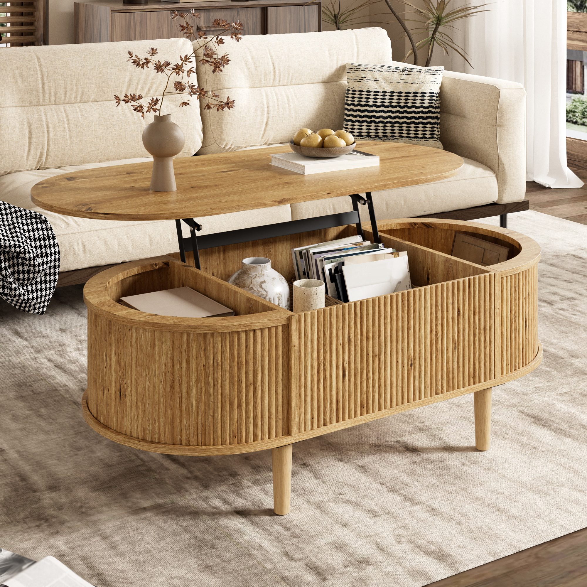 Merax Couchtisch anhebbarer Sofatisch oval Beistelltisch mit Liftfunktion & Holzoptik (100 x 48 x 54,5 cm, 1-St), Wohnzimmertisch mit verstecktem Stauraum, 3 Ablagefächern & Holzbeinen