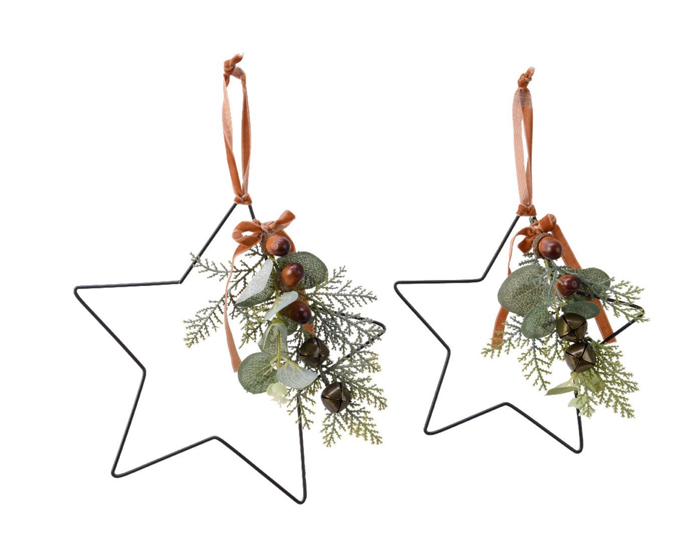 Kaemingk Christbaumschmuck, Metallstern 20cm & 25cm dekoriert mit Zweig und Glocken 2er Set