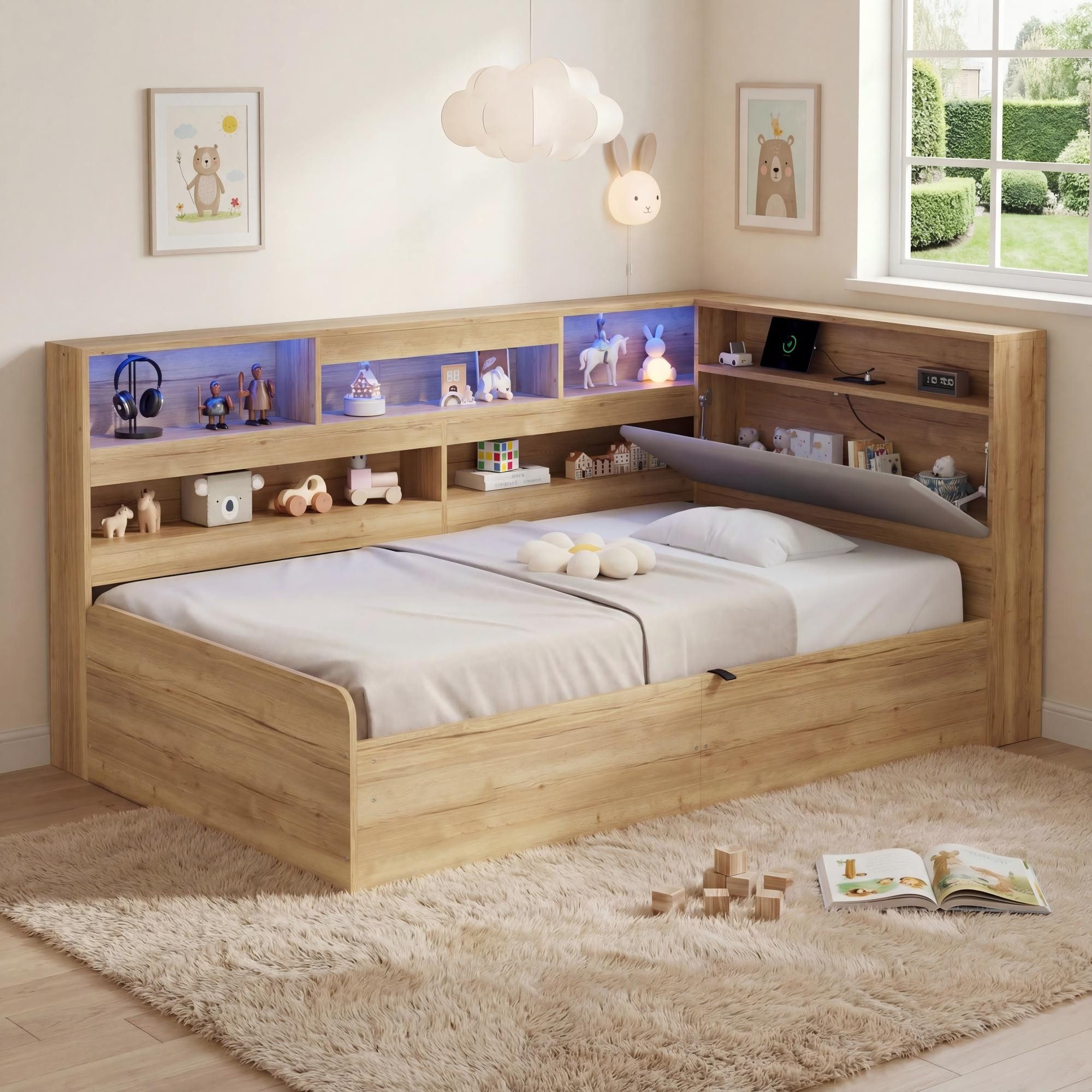 Celya Holzbett Daybett, Hydraulisches Stauraumbett, Kinderbett, Jugendbett (ohne Matratze, mit USB-Ladestation und LED-Beleuchtung)