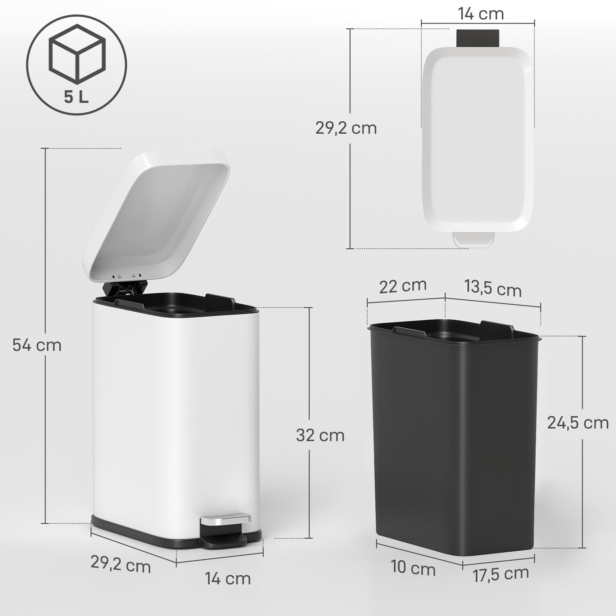 HOMCOM Mülleimer 5L Treteimer mit Softclose-Deckel, Abfalleimer inkl. Inneneimer, Weiß 29,2 x 14 x 32 cm