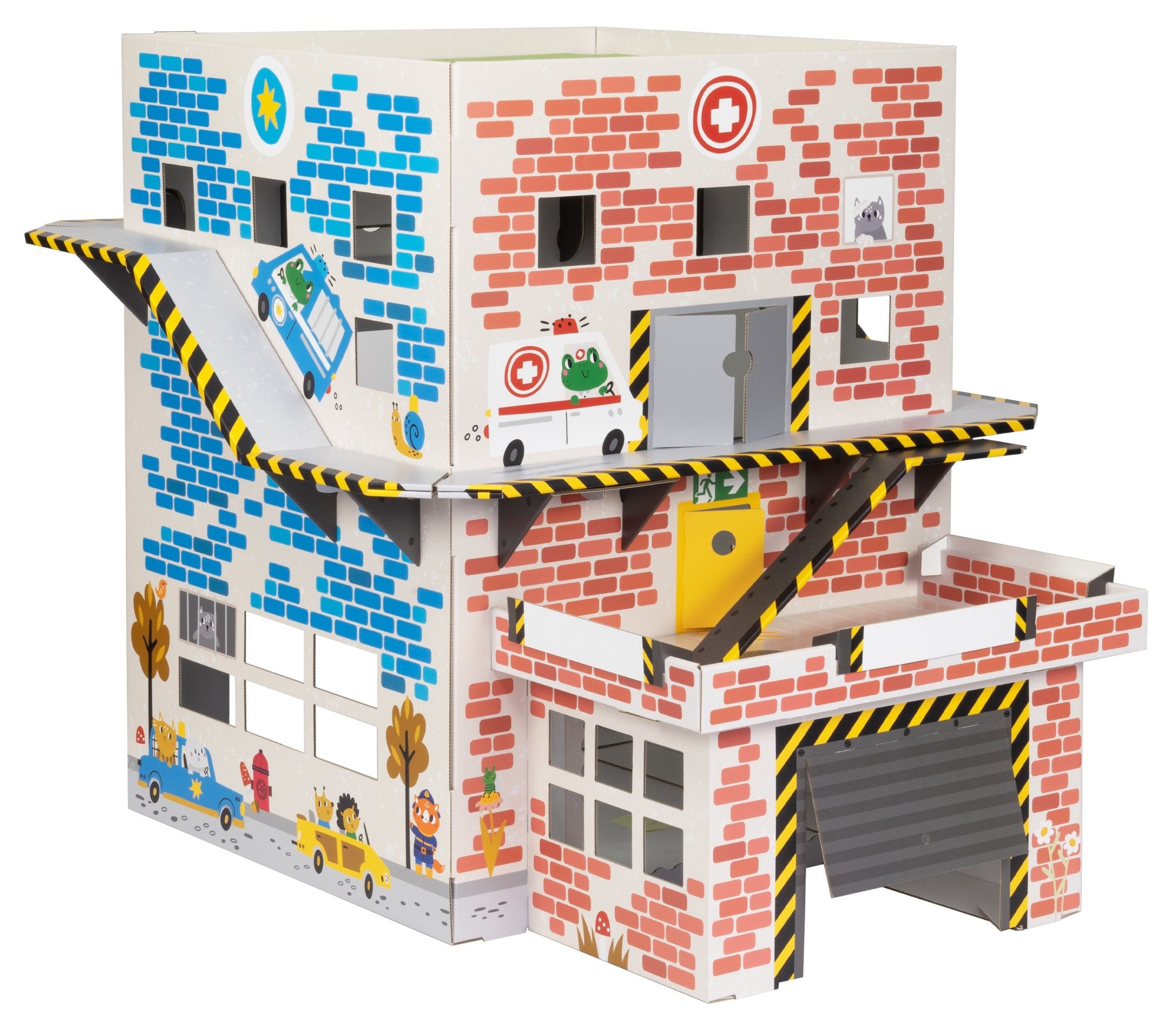 FOLDZILLA Spielhaus 3in1 Spielhaus Feuerwehr, Polizei, Krankenhaus, Umlaufende Fahrbahn und Hubschrauberlandeplatz