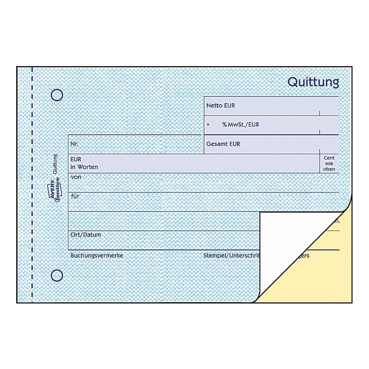 Avery Zweckform Formularblock Quittung 1735 MwSt. separat ausgewiesen, selbstdurchschreibend, A6 quer, 2x 40 Blatt
