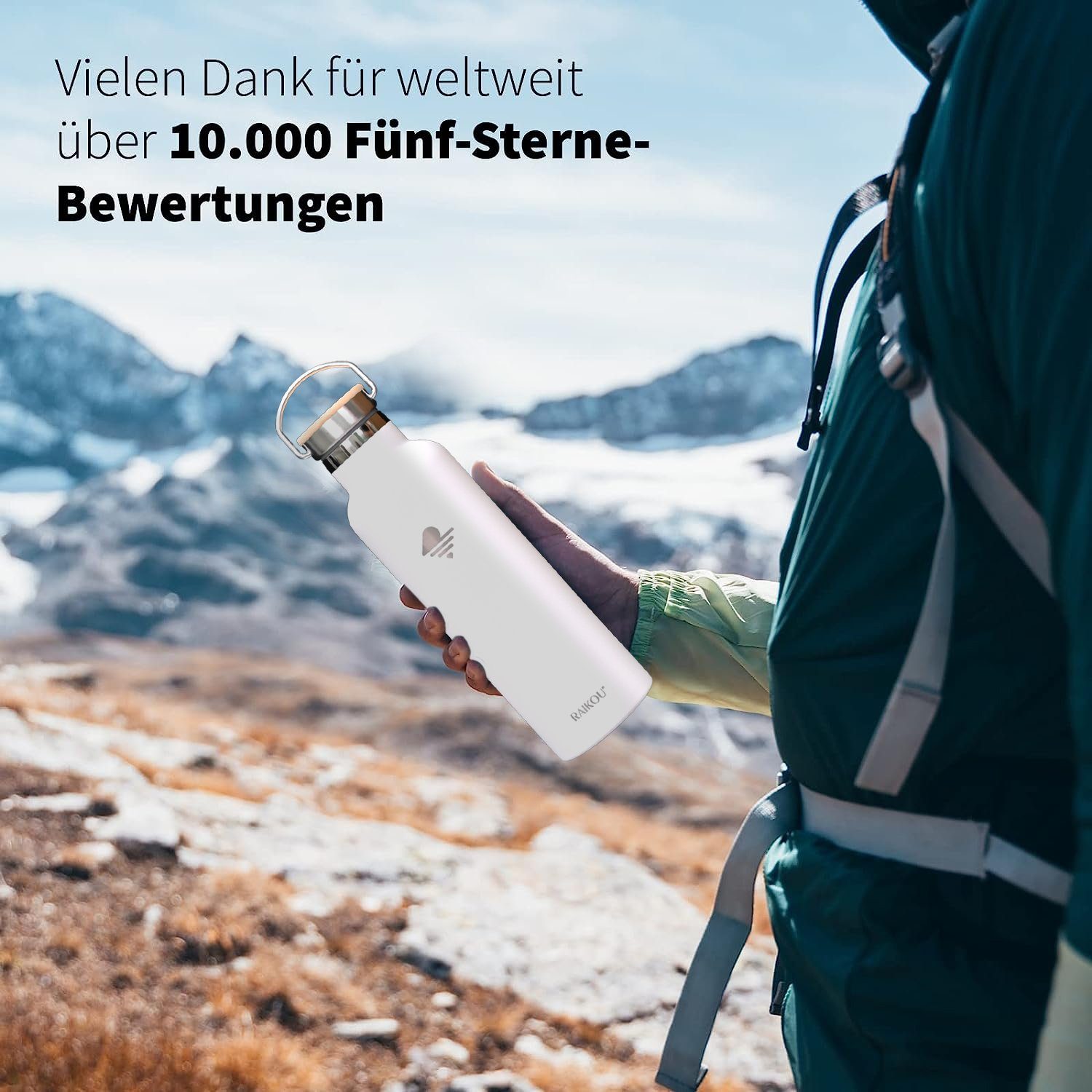 RAIKOU Isolierflasche Edelstahl Trinkflasche Vakuumisolierte Wasserflasche Thermoflasche, bis zu 12H heiß / 24H kalt,mit 2 Deckel,350ml/500ml/750ml/1000ml