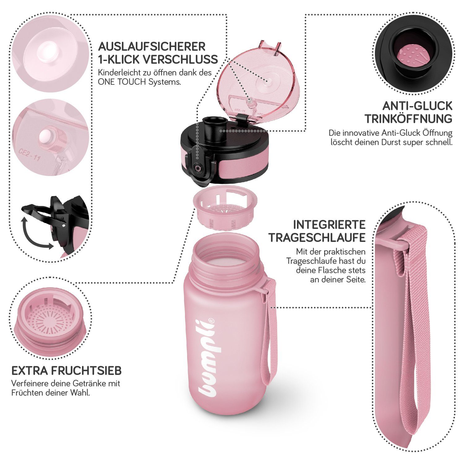 Trinkflasche Trinkflasche Rosa bumpli® & Sportflasche, 350ml Handschlaufe BPA-frei, Kinder 1-Klick-Verschluss auslaufsicher, Wasserflasche, (softTouch)