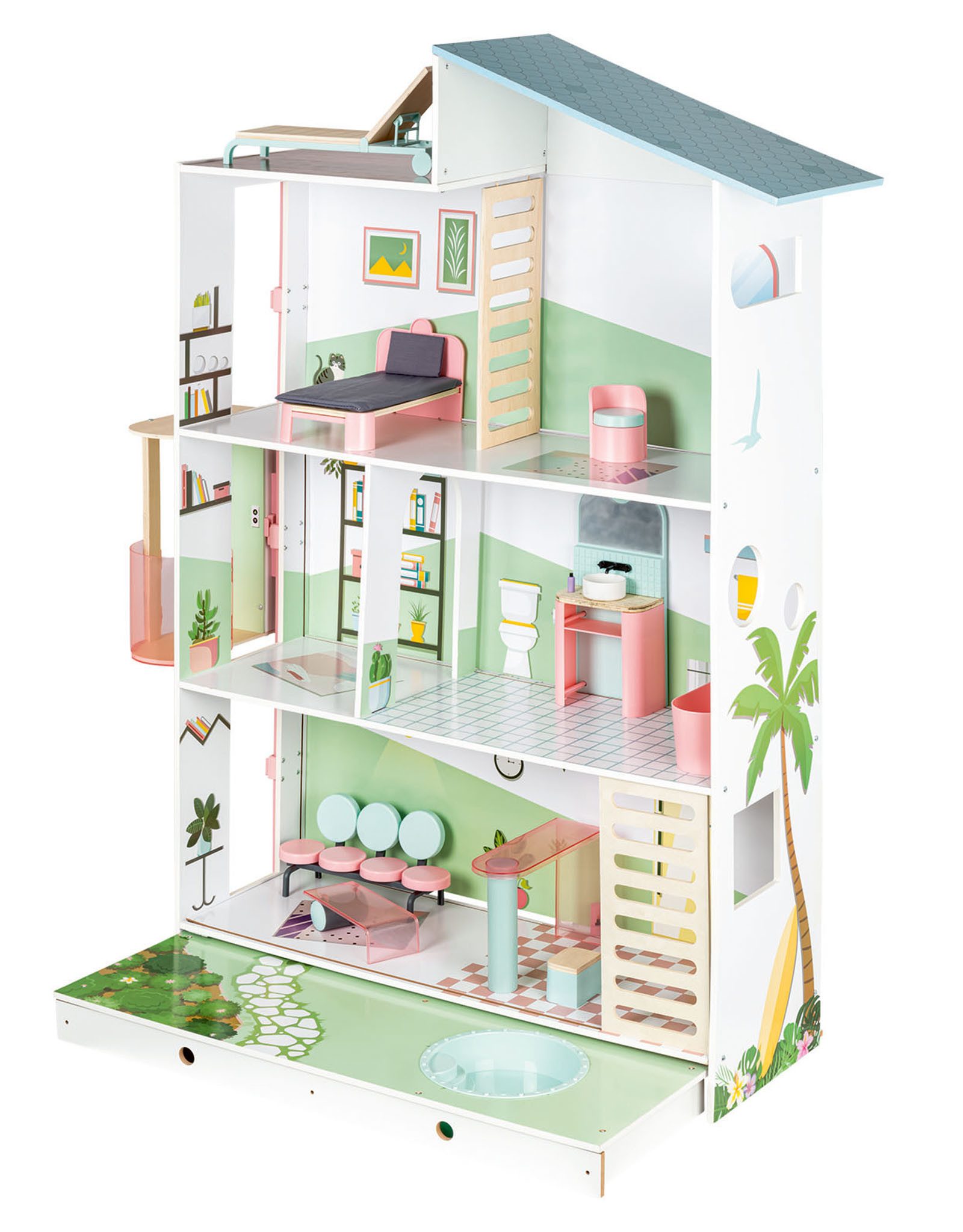 Playtive Puppenhaus Playtive Puppenvilla Puppenhaus 3 Etagen 13-teilig aus Holz ab 3 Jahre