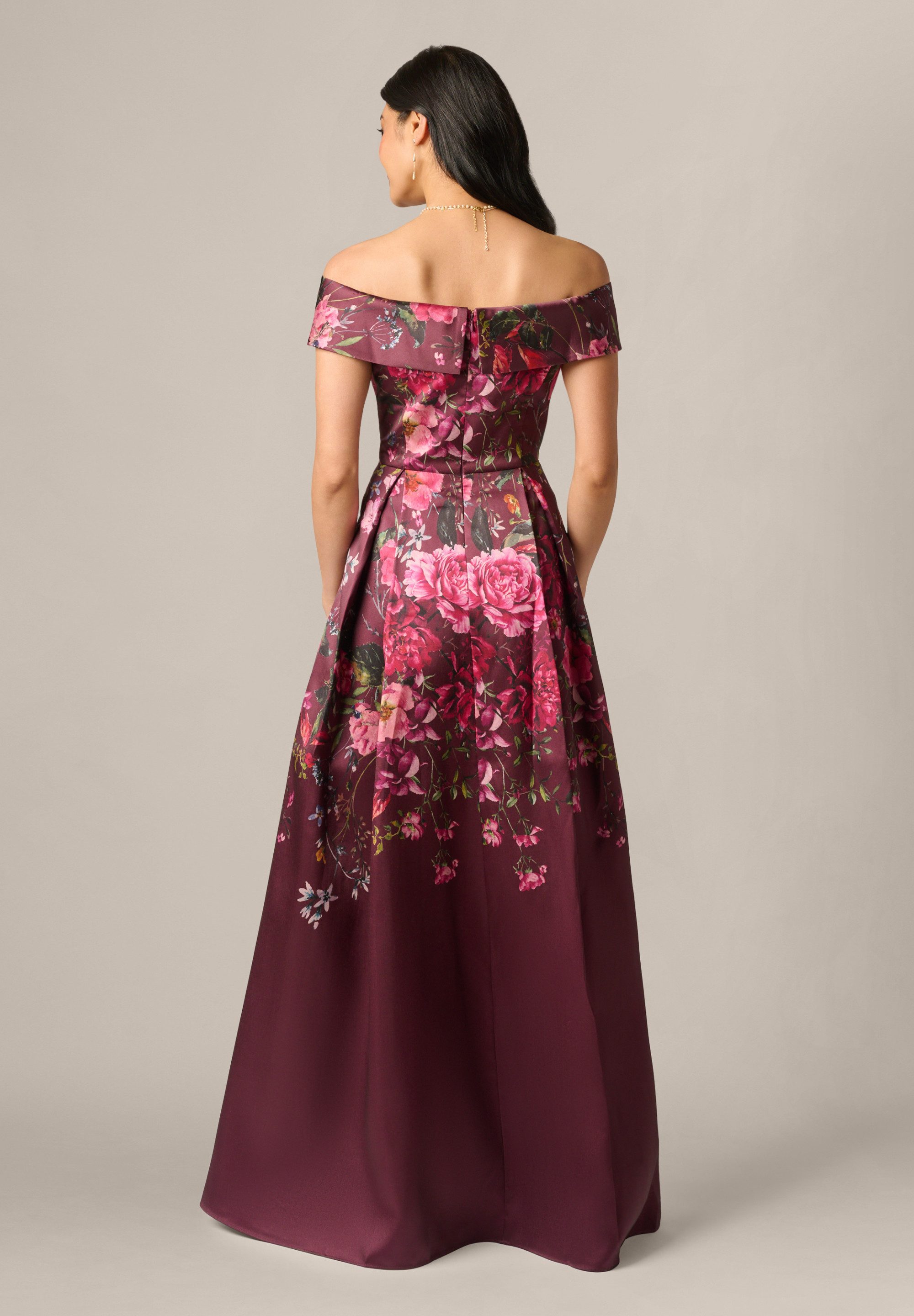 Adrianna Papell Abendkleid Off Shoulder Printed Gown Glänzendes Mikado-Kleid mit Blumenmuster – Bild 4 von 5