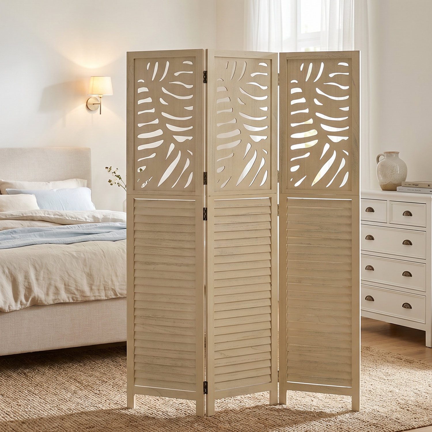 Homestyle4u Paravent Raumteiler Indoor Holz 3-tlg Beige Trennwand Sichtschutz Blattmuster (3-teilig), 3-teilig, faltbar