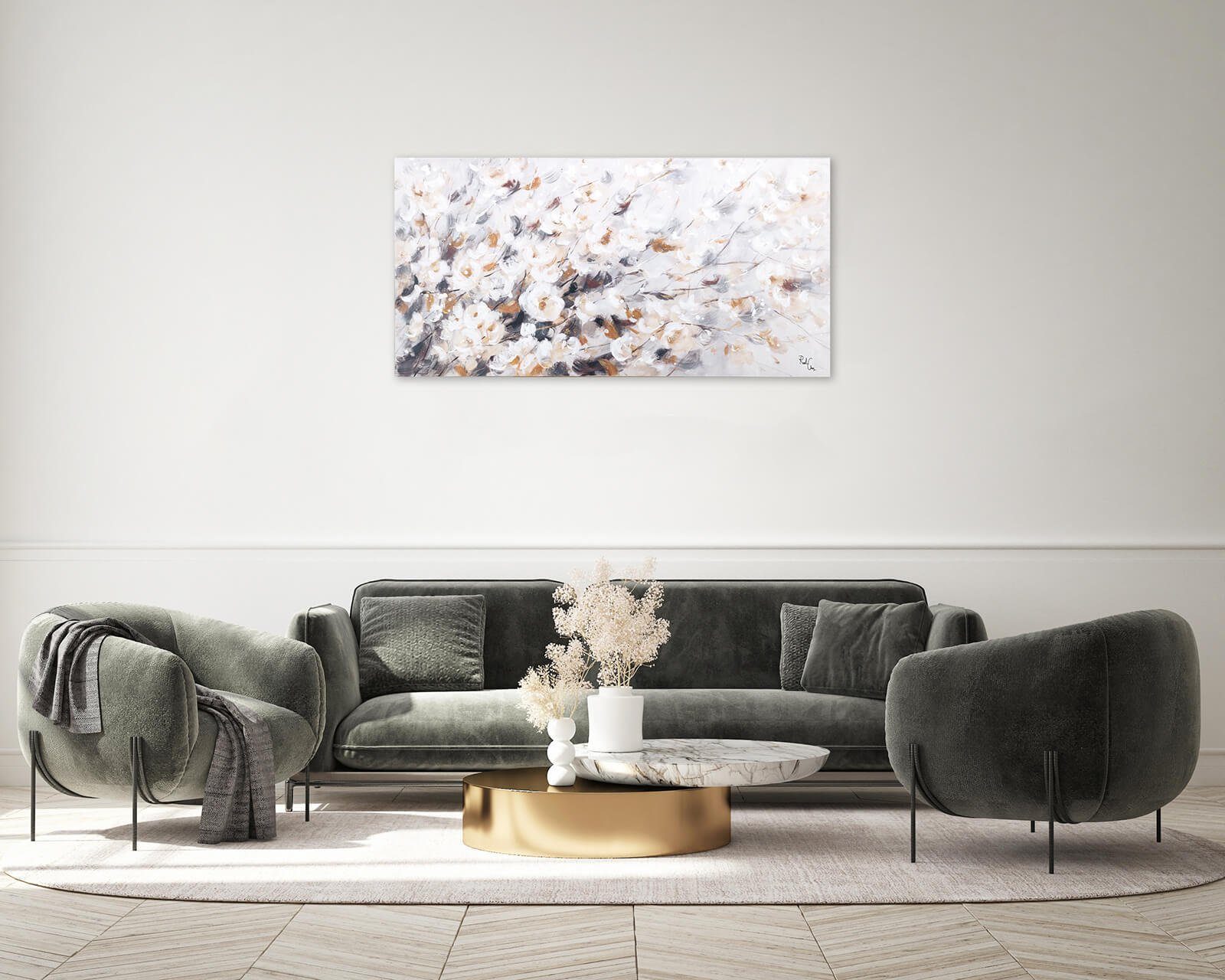 cm, 100% Wohnzimmer Goldenes Blühen Gemälde Leinwandbild HANDGEMALT 120x60 KUNSTLOFT Wandbild